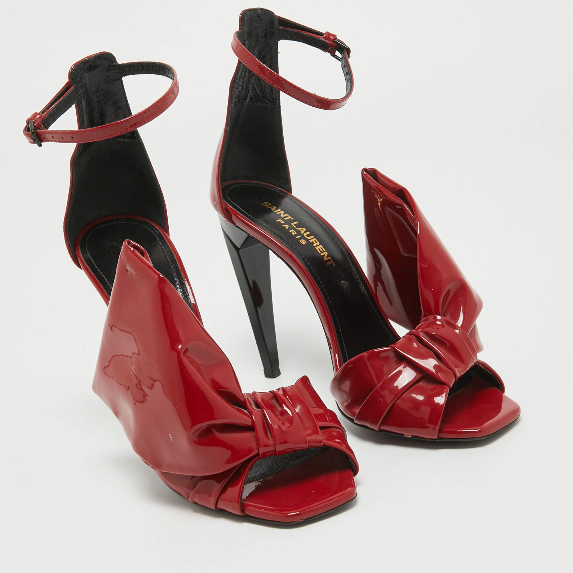 Pre Owned Saint Laurent Red Patent Leather Freja Bow Sandals Size 36
