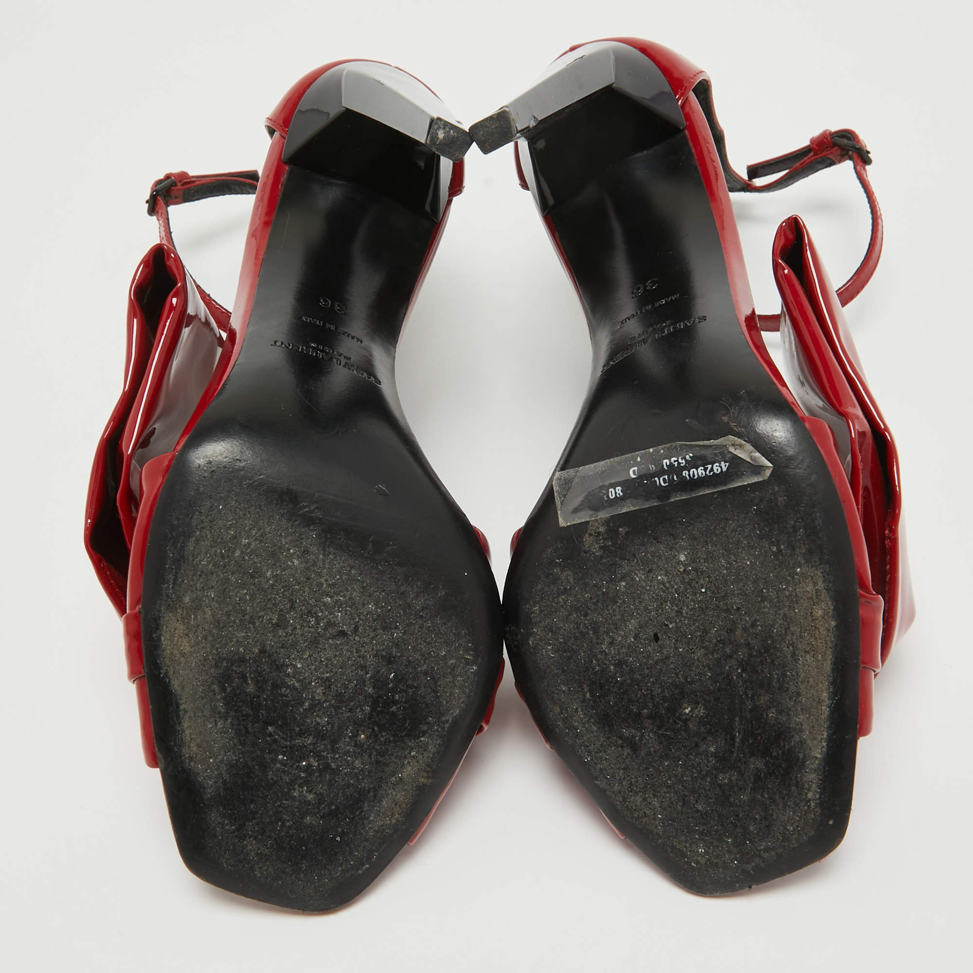 Pre Owned Saint Laurent Red Patent Leather Freja Bow Sandals Size 36
