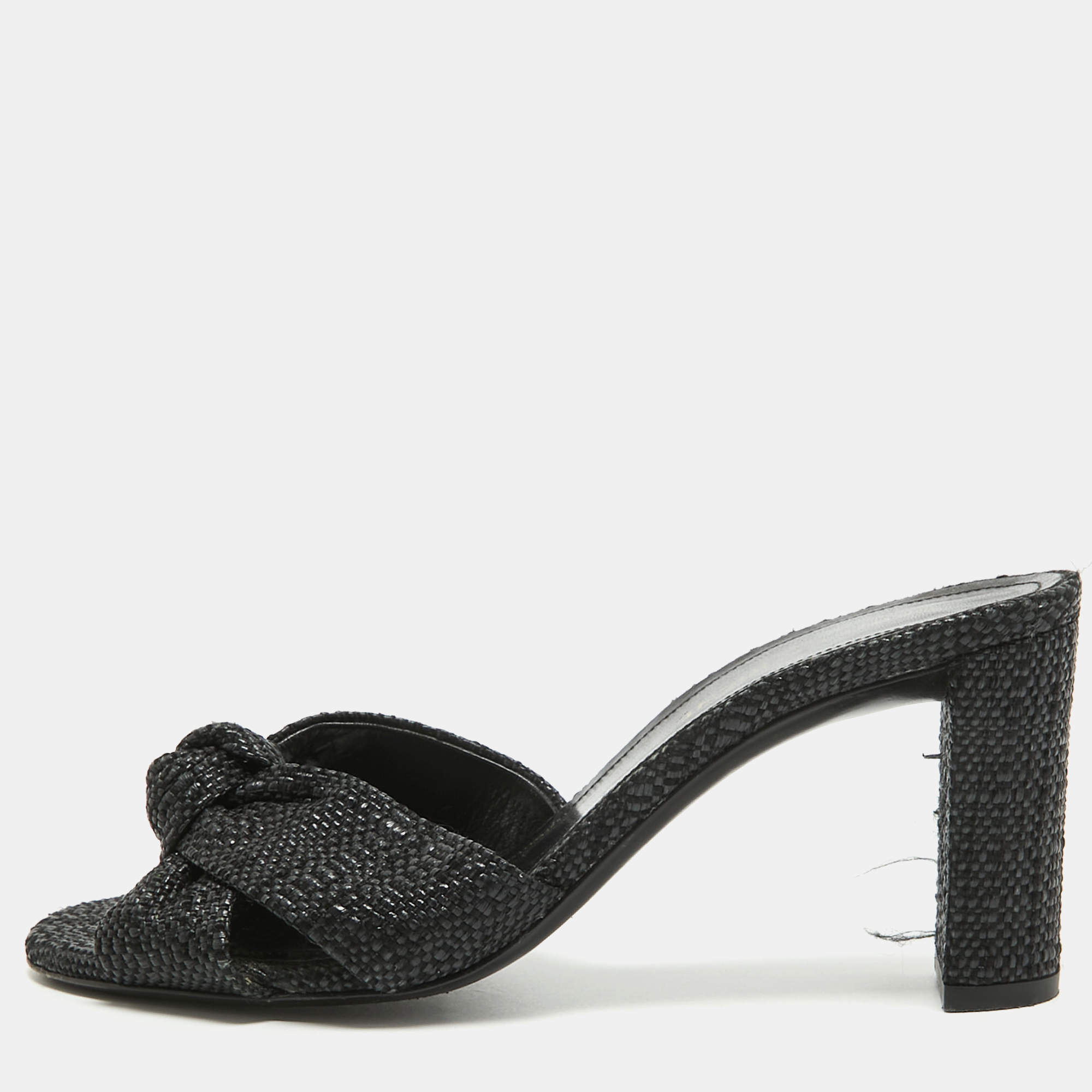 Pre Owned Saint Laurent Black Raffia Loulou Slide Sandals Size 36