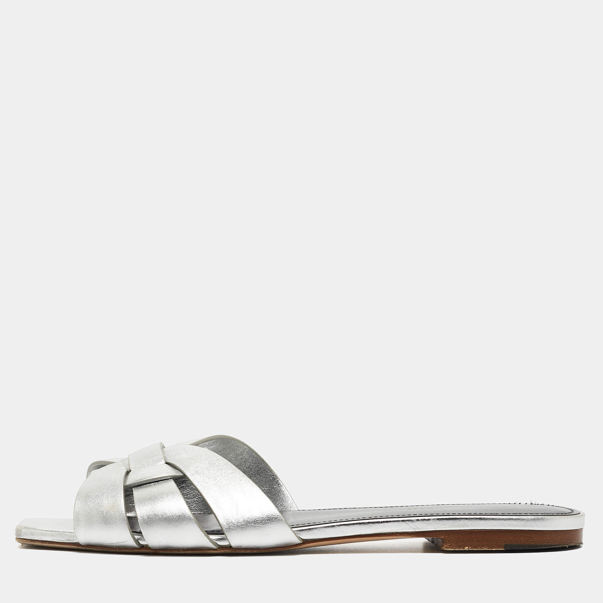 Saint Laurent Silver Leather Tribute Flat Slides Size 40