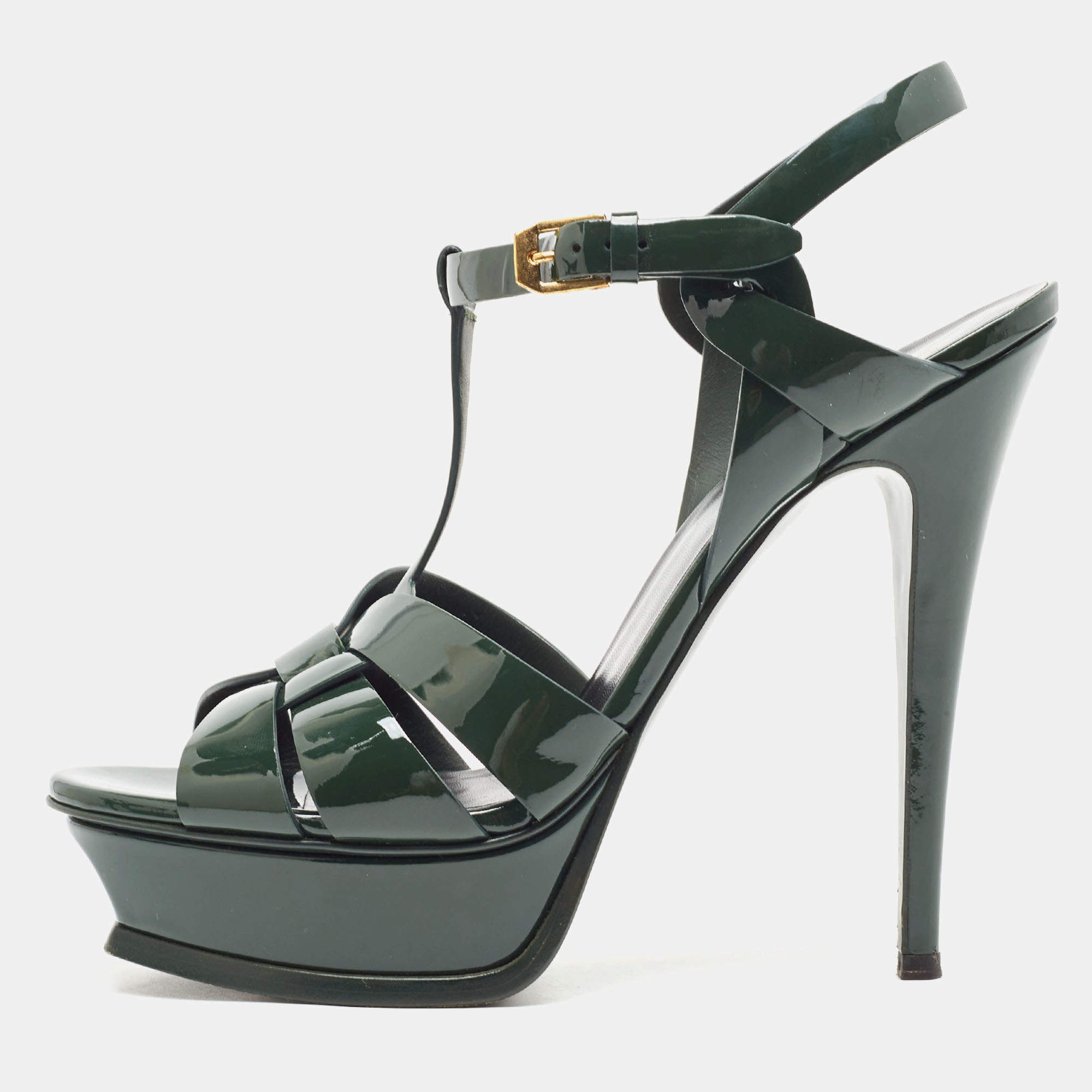 Pre Owned Saint Laurent Green Patent Leather Tribute Sandals Size 39