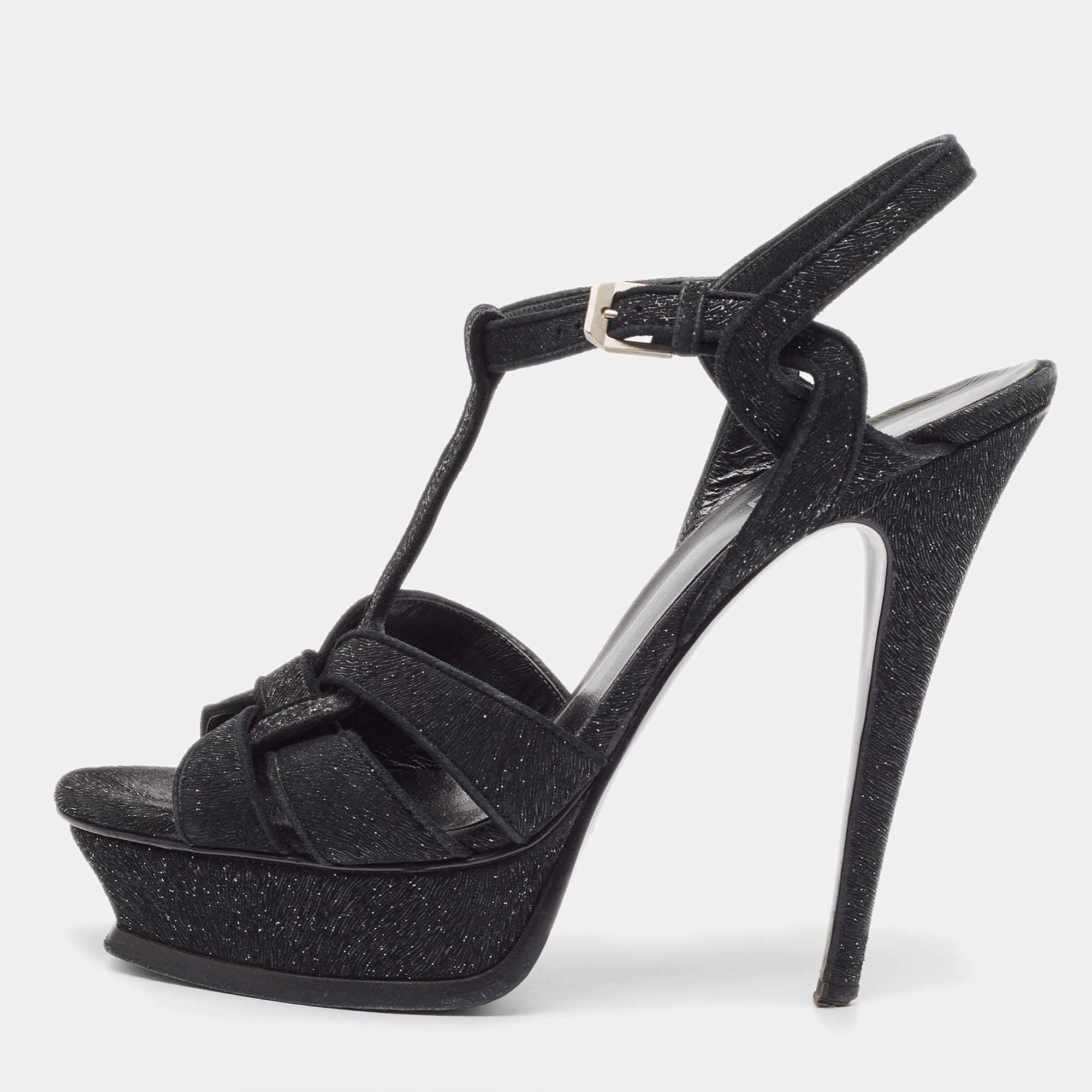 Saint Laurent Black Textured Suede Tribute Sandals Size 39