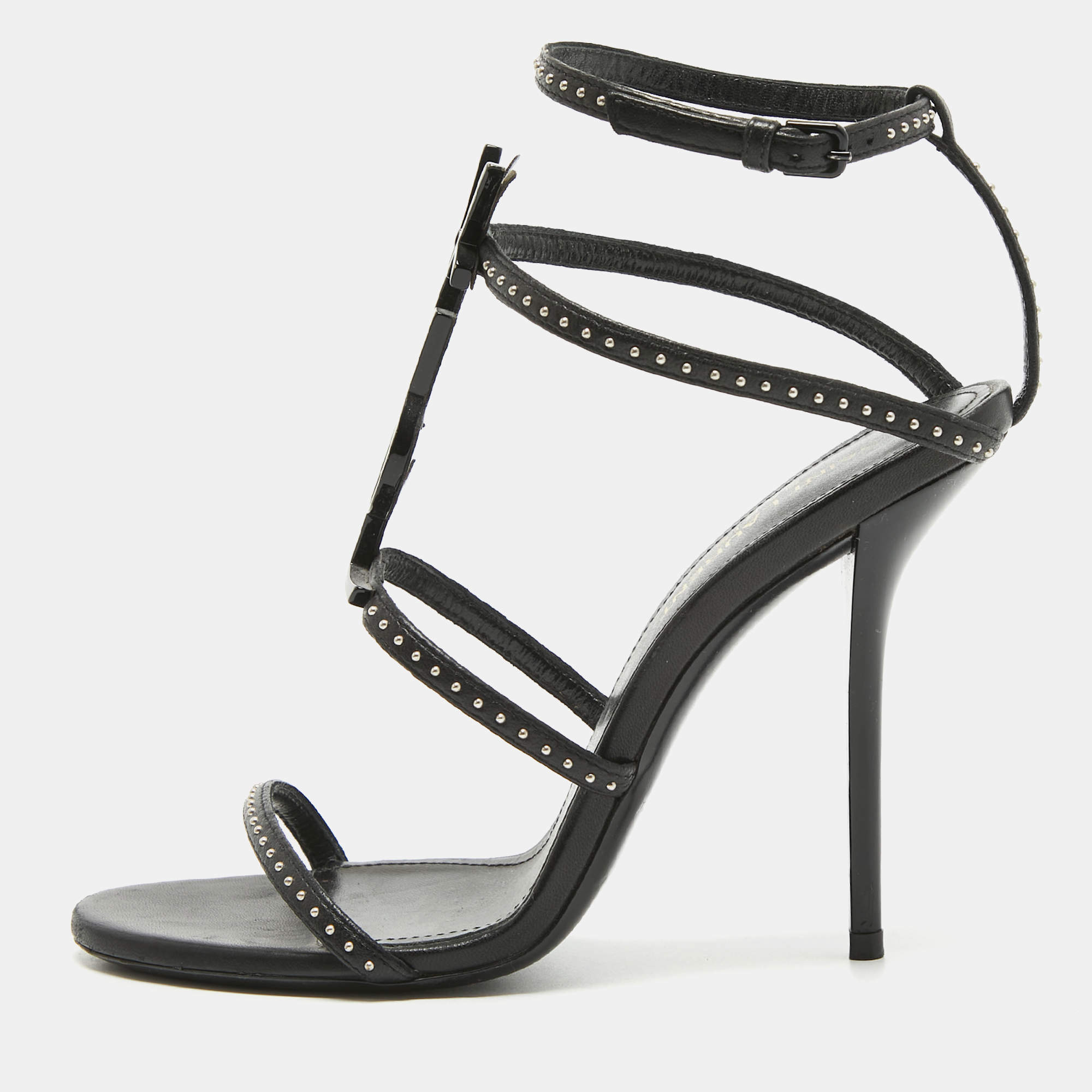 Pre Owned Saint Laurent Black Studded Leather Cassandra Ankle Strap Sandals Size 36