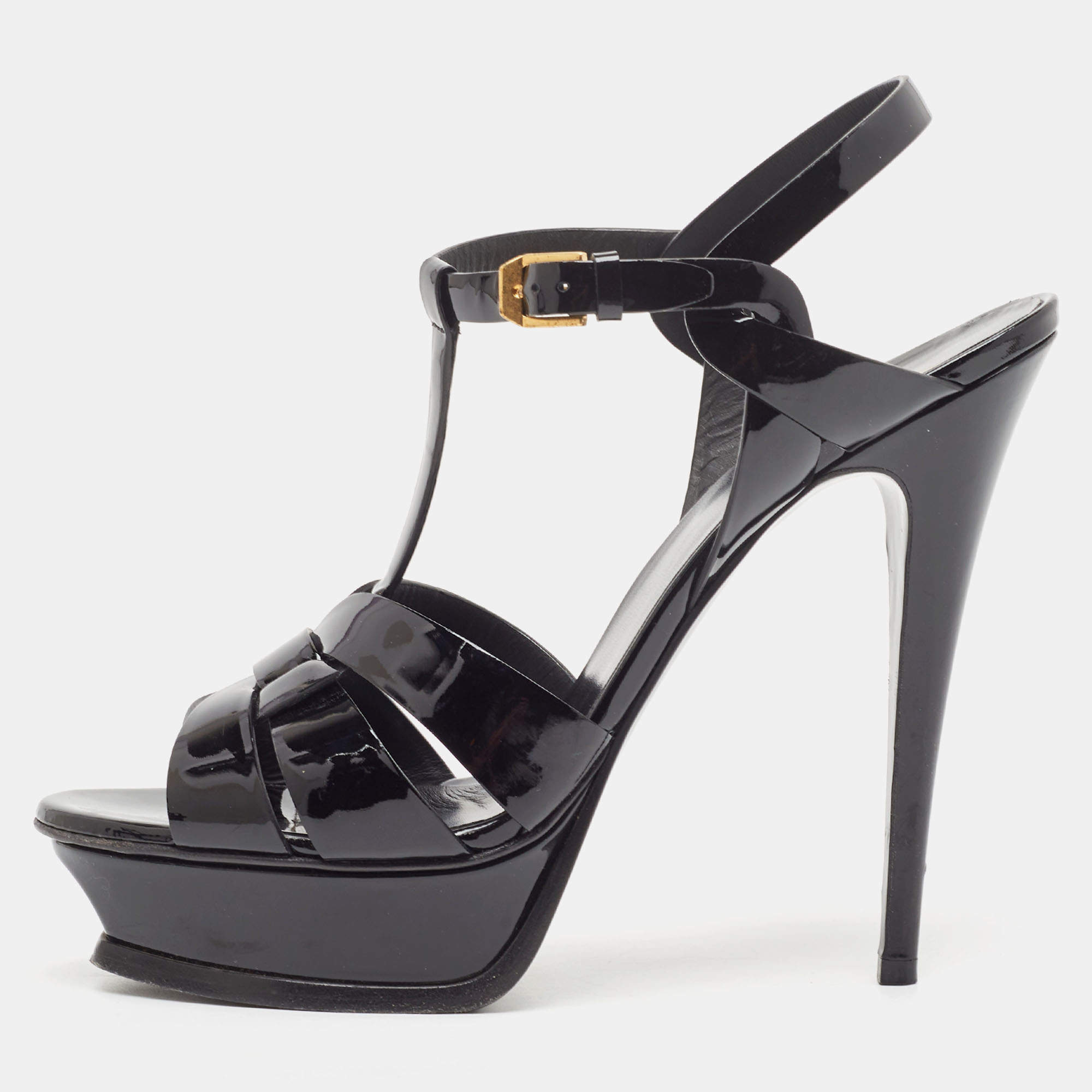 Pre Owned Saint Laurent Black Patent Leather Tribute Sandals Size 41