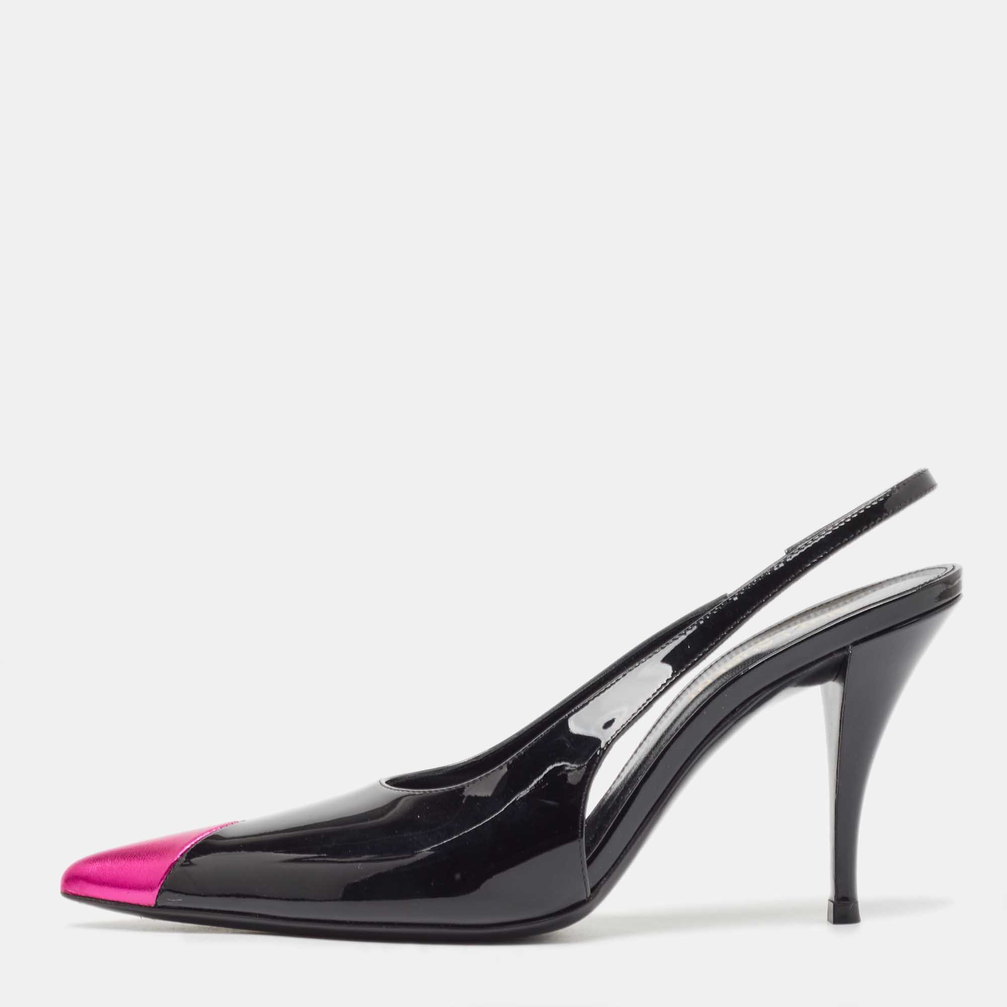 Pre Owned Saint Laurent Black/Pink Patent and Leather Slingback Pumps Size 36 