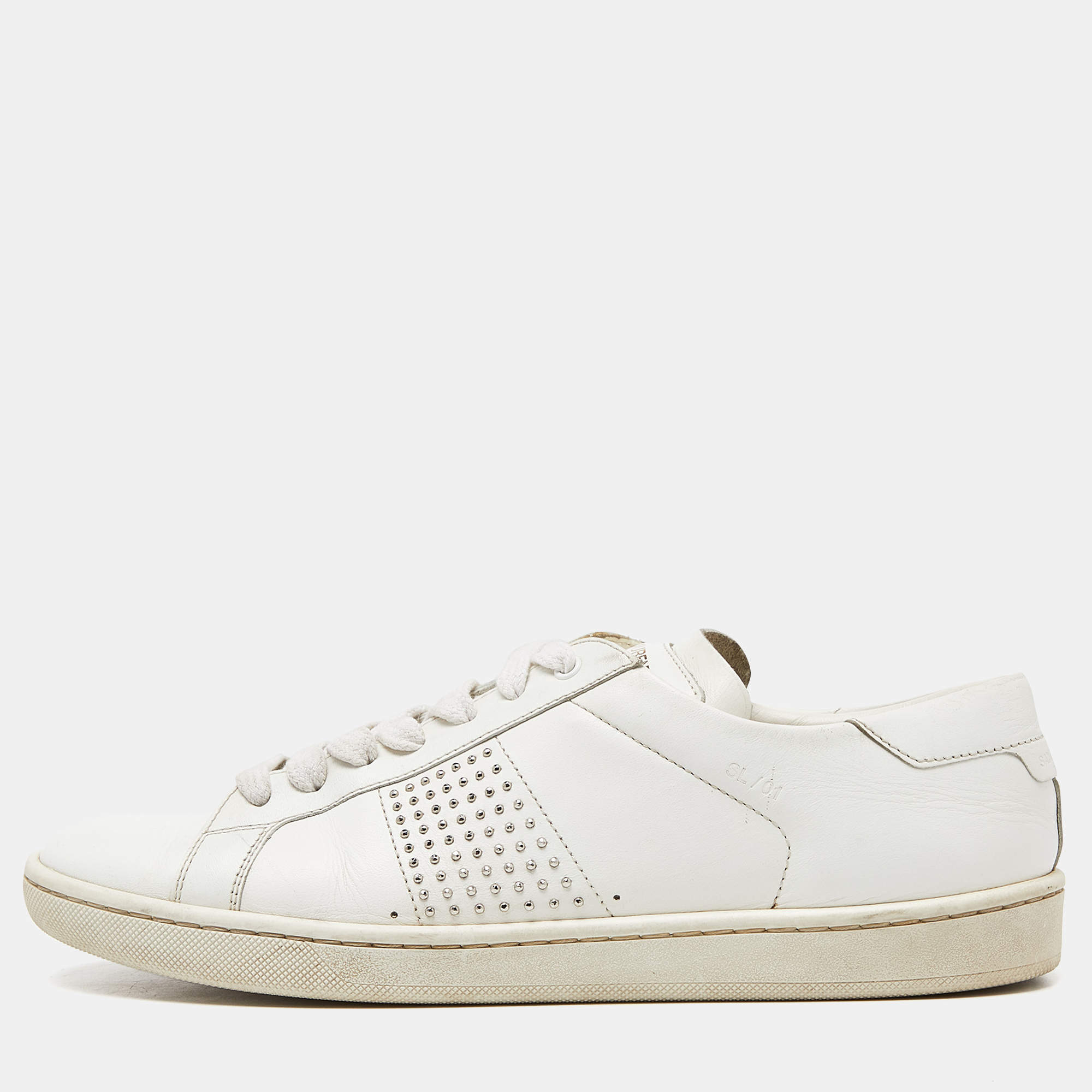 Pre Owned Saint Laurent White Leather Crystal Embellished Low Top Sneakers Size 38.5