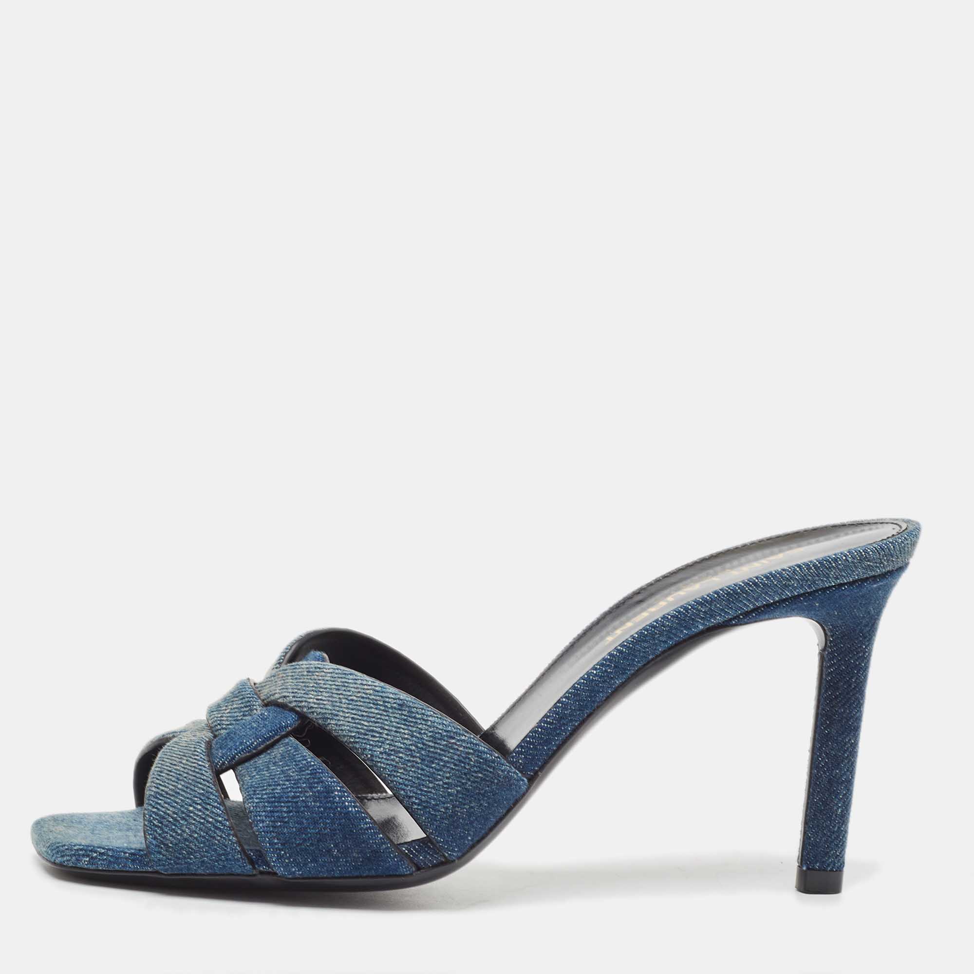 Pre Owned Saint Laurent Blue Denim Tribute Slide Sandals Size 37