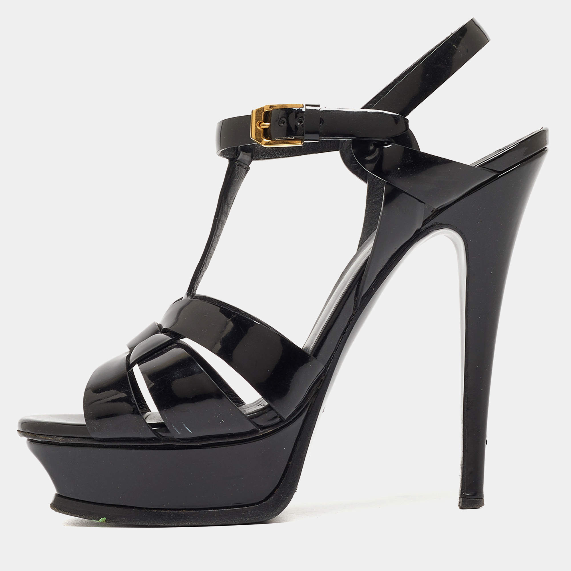 Saint Laurent Black Patent Leather Tribute Sandals Size 37