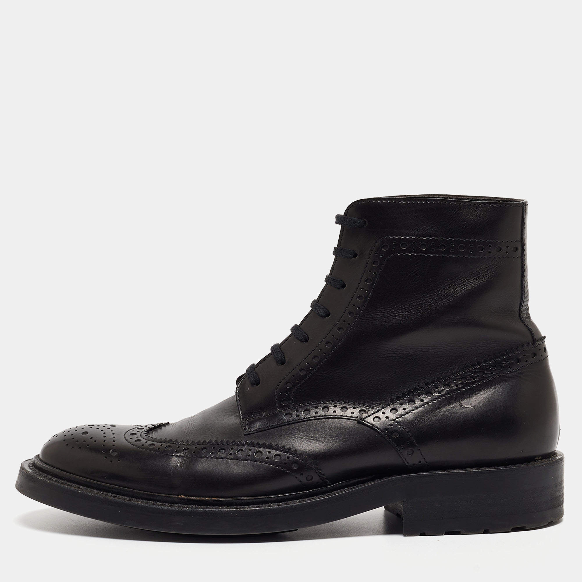 Pre Owned Saint Laurent Paris Black Brogue Leather Ankle Boots Size 38