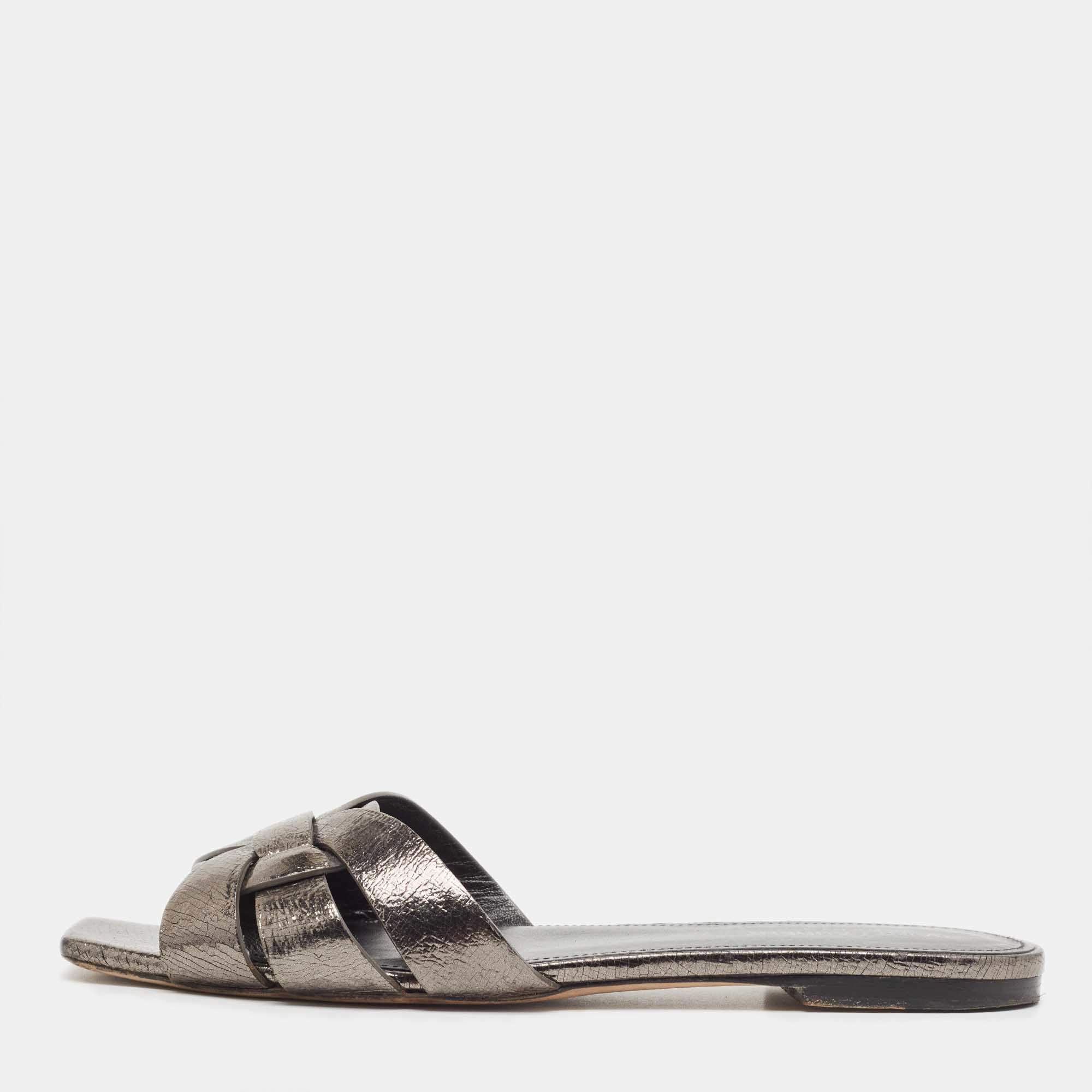 Saint Laurent Metallic Leather Tribute Flat Slides Size 40.5  