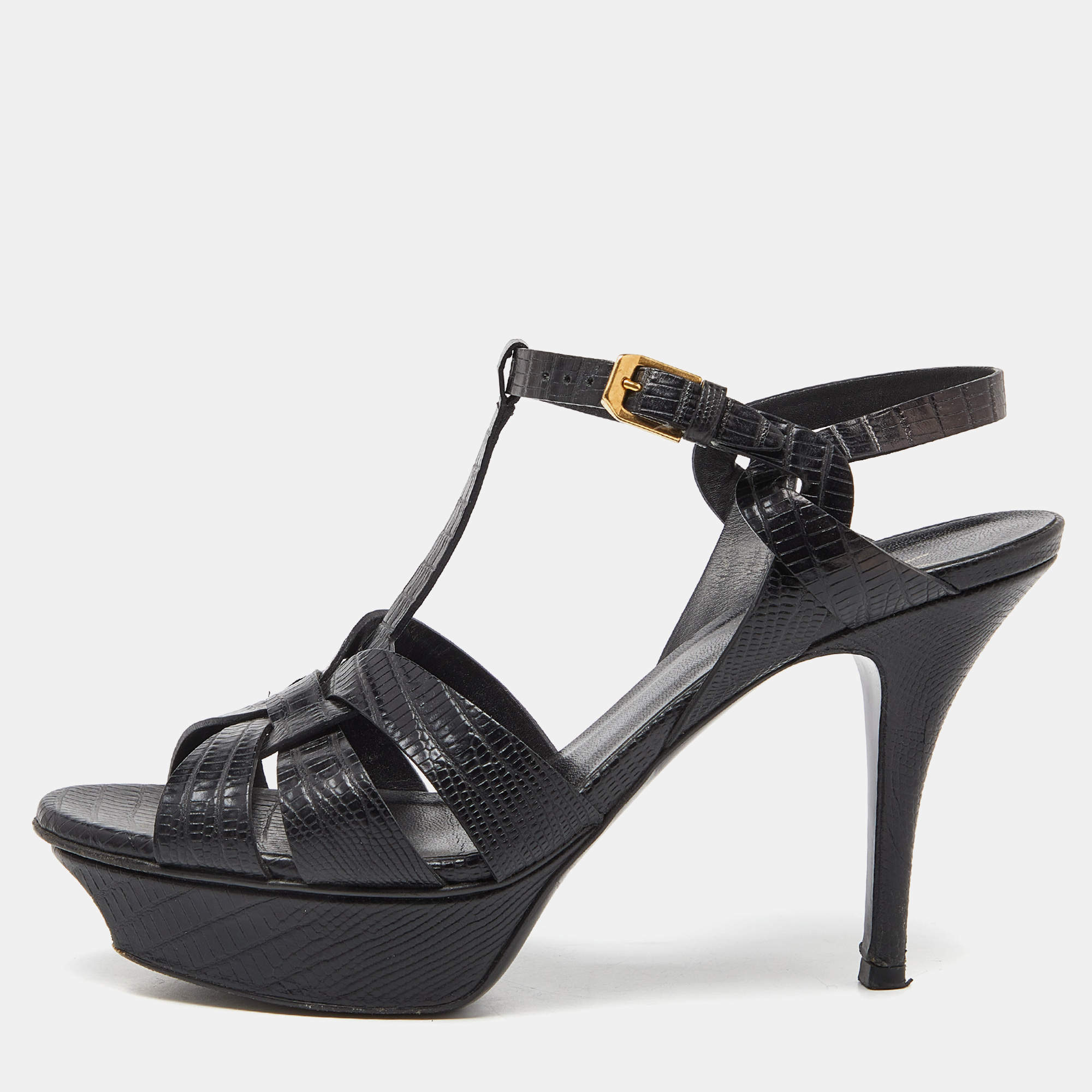 Pre Owned Saint Laurent Black Croc Embossed Leather Tribute Ankle Strap Sandals Size 37.5