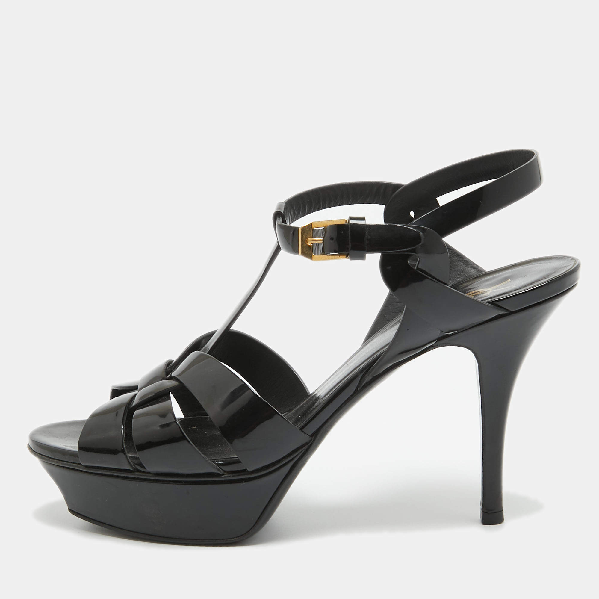 Pre Owned Saint Laurent Black Patent Tribute Sandals Size 38