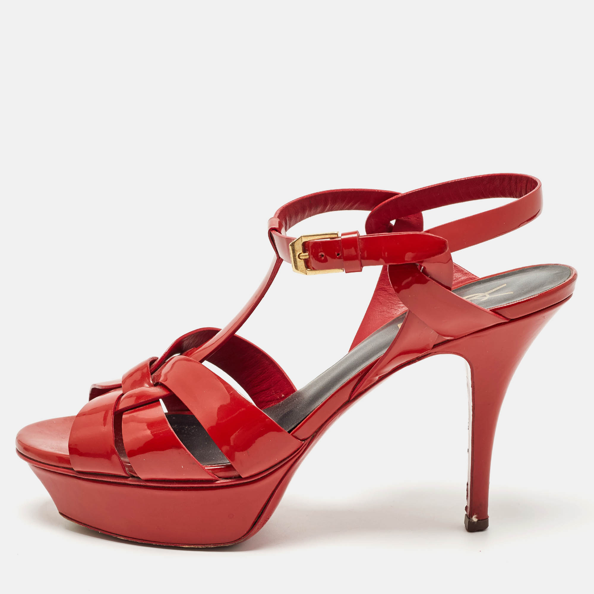 Pre Owned Saint Laurent Red Patent Leather Tribute Sandals Size 38