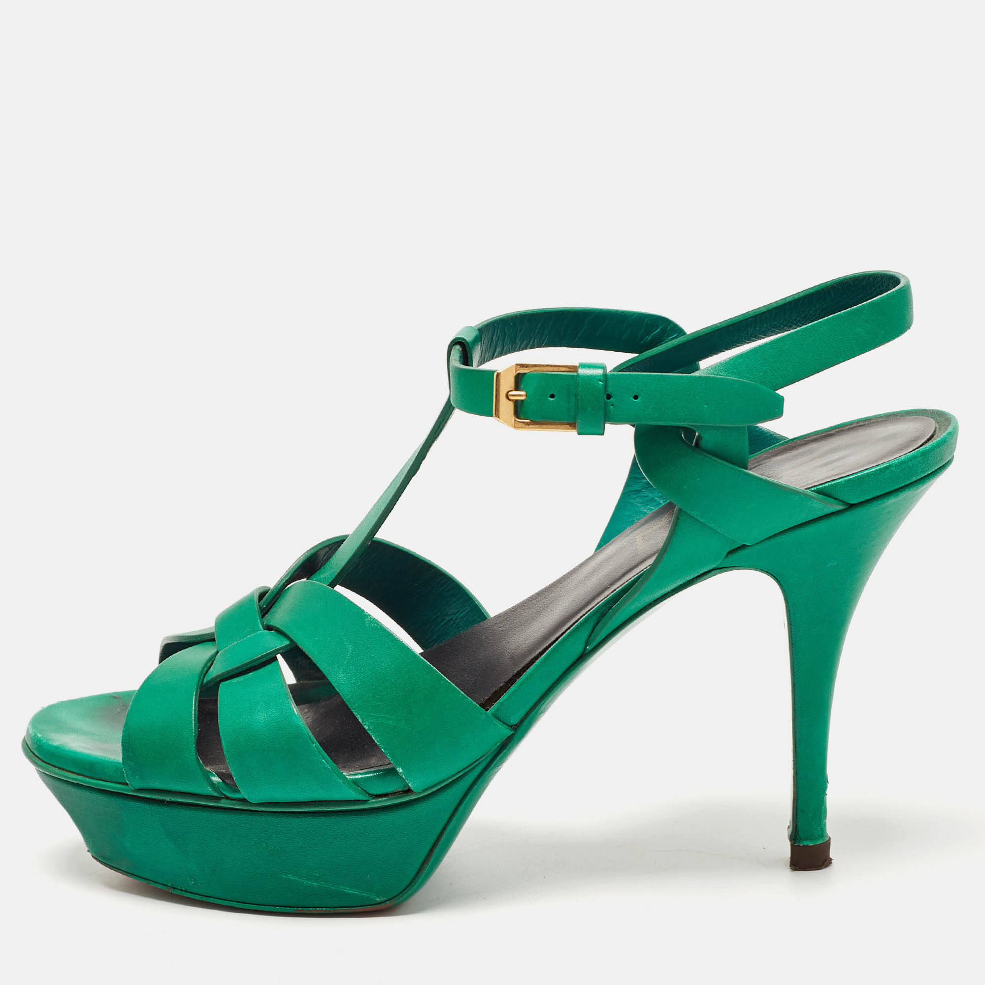 Saint Laurent Green Leather Tribute Sandals Size 38