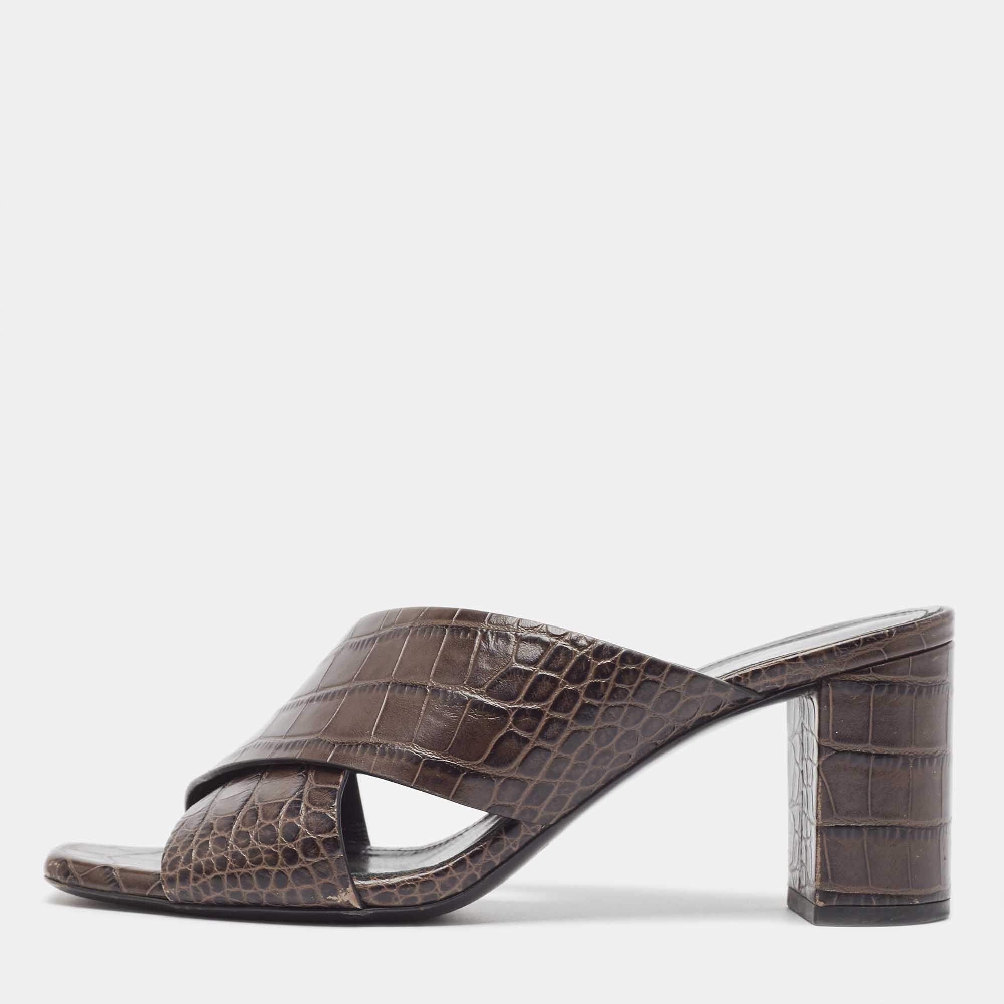 Pre Owned Saint Laurent Brown Croc Embossed Leather Loulou Slide Sandals Size 36
