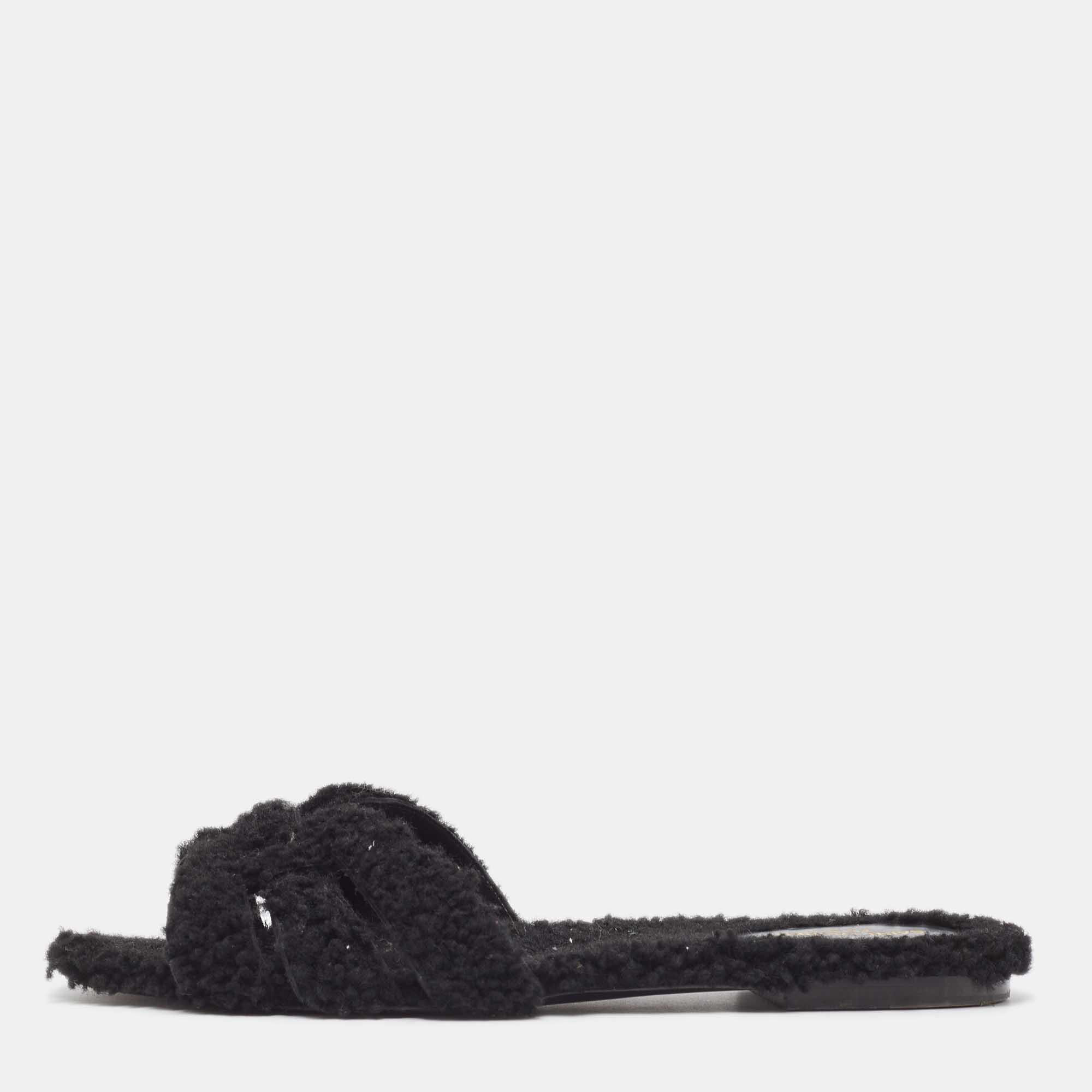 Pre Owned Saint Laurent Black Fur Tribute Flat Slides Size 39  