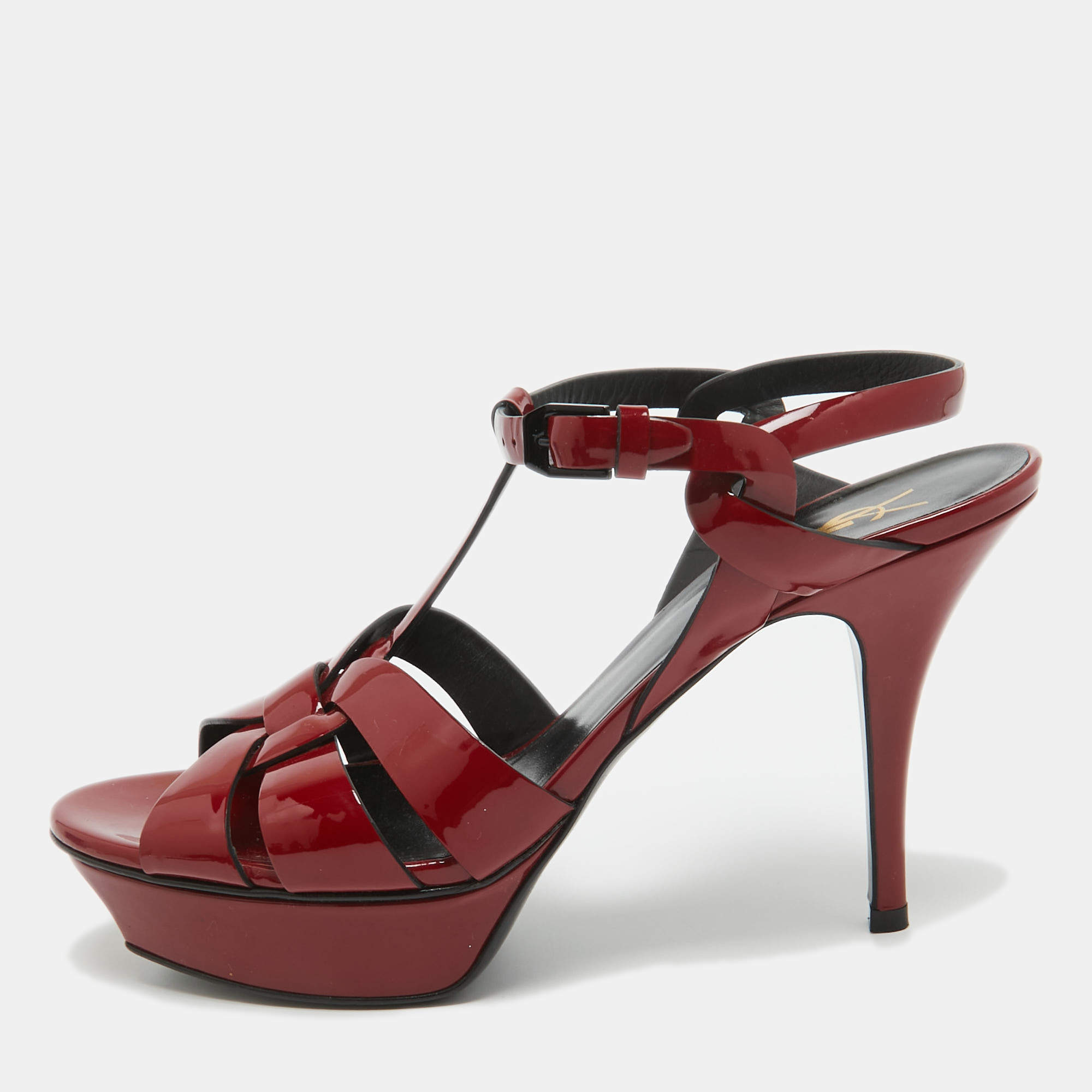 Pre Owned Saint Laurent Dark Red Patent Leather Tribute Sandals Size 40