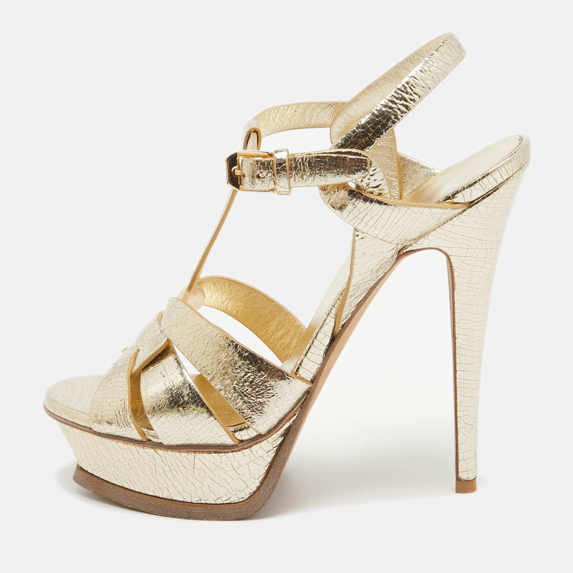 Pre Owned Saint Laurent Gold Textured Leather Tribute Sandals Size 38