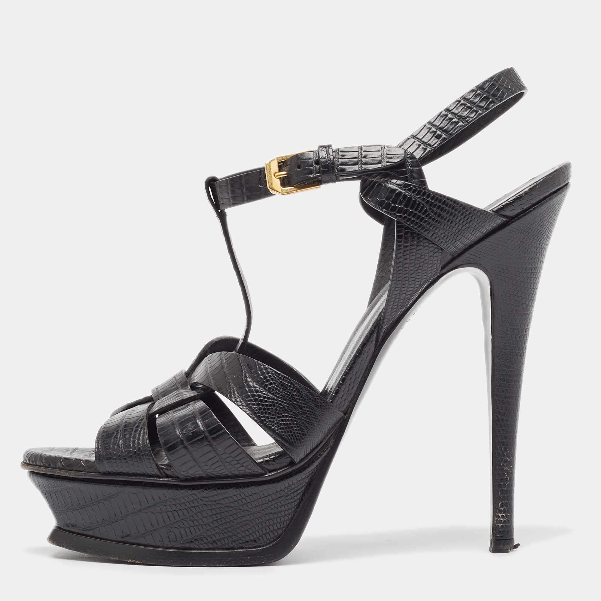 Pre Owned Saint Laurent Black Embossed Lizard Tribute Sandals Size 39