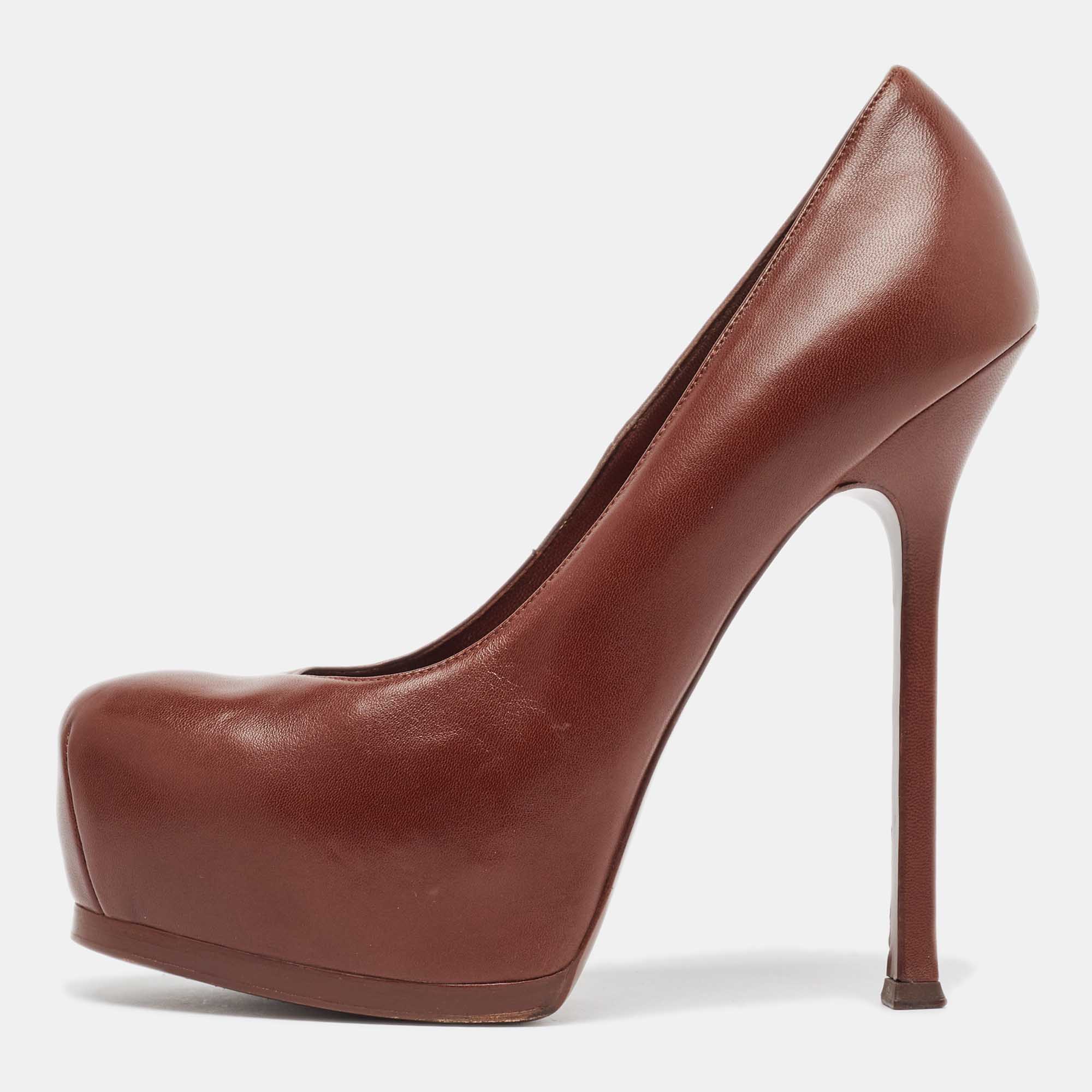 Saint Laurent Brown Leather Tribtoo Pumps Size 38 