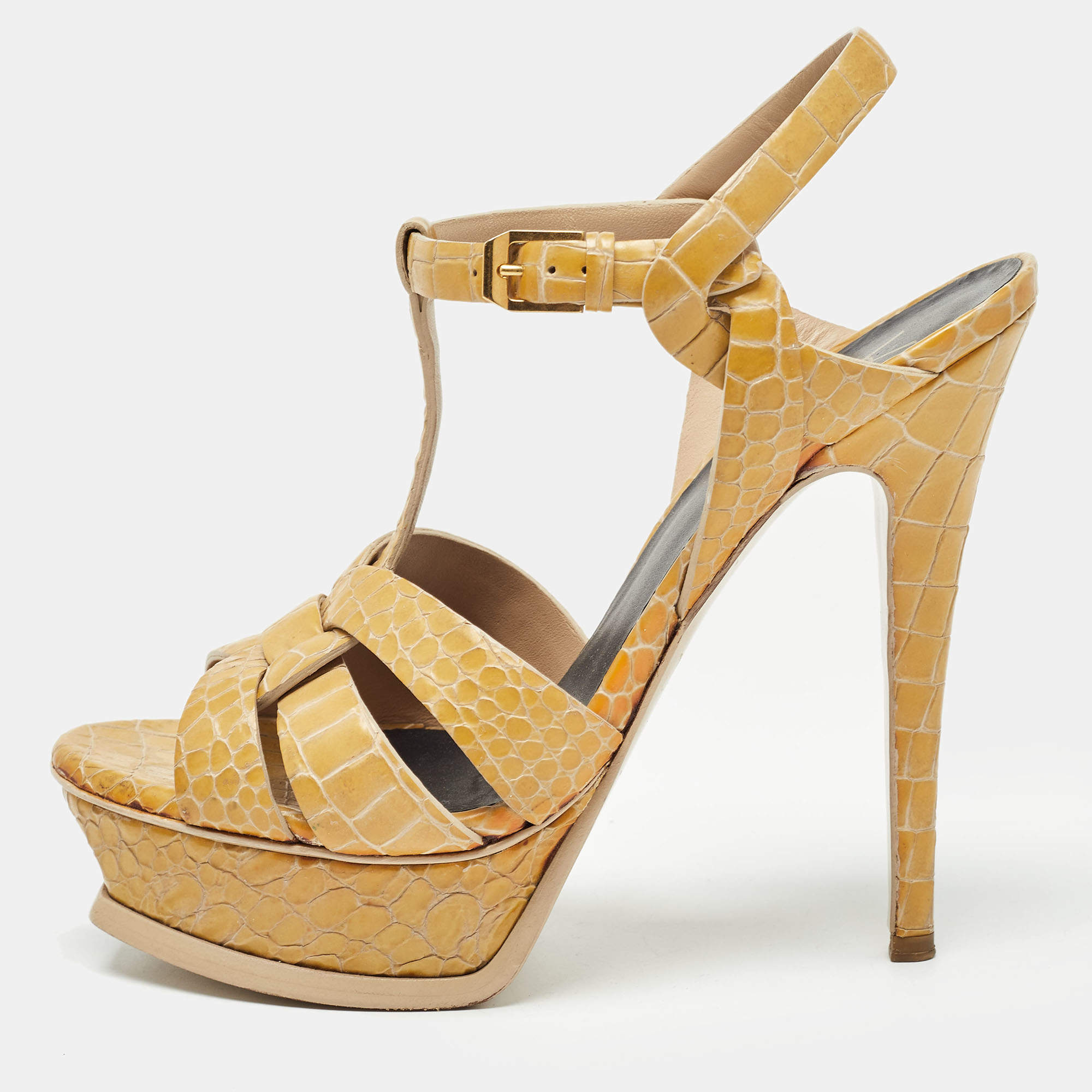 Saint Laurent Yellow Embossed Crocodile Tribute Sandals Size 36.5