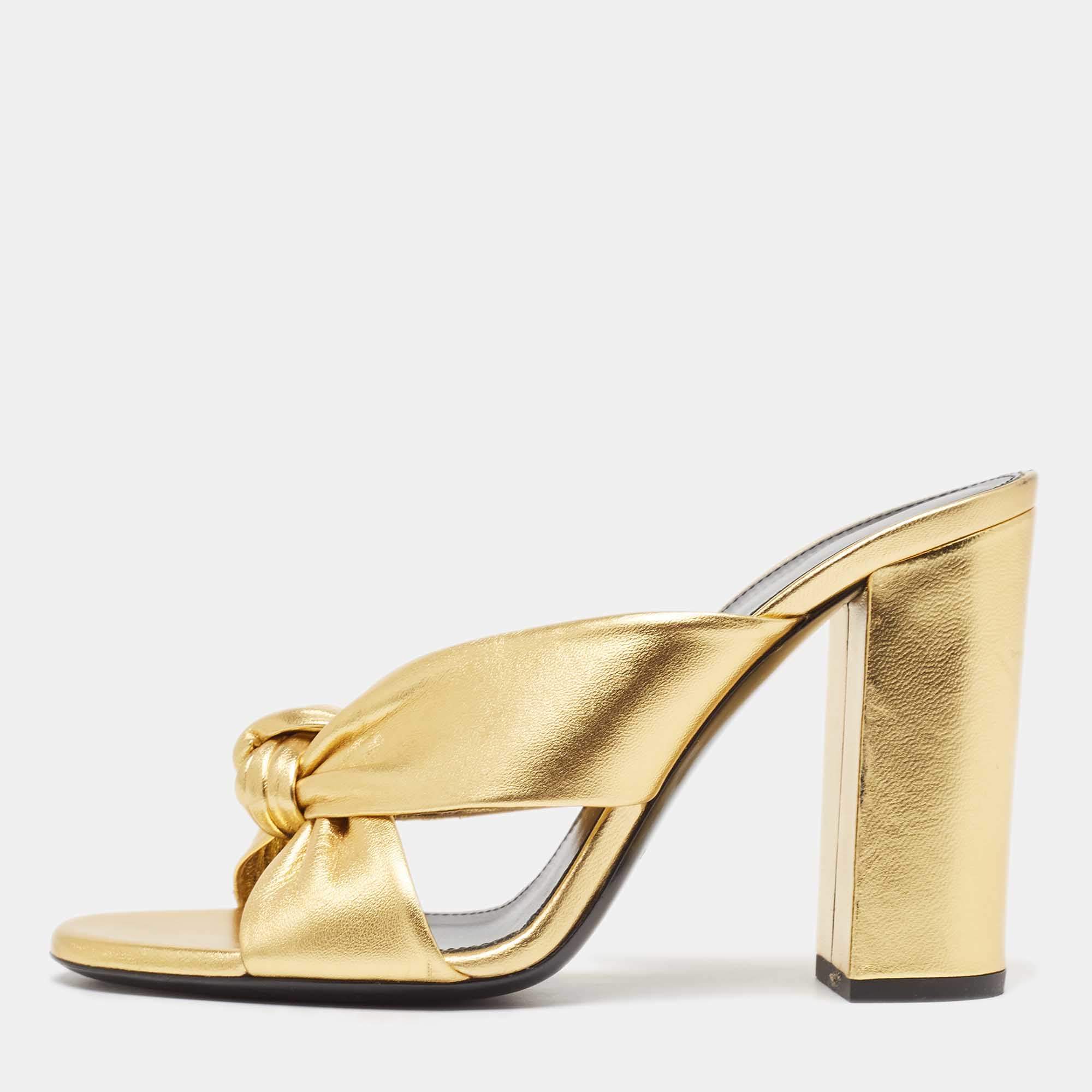 Pre Owned Saint Laurent Gold Leather Bianca Knotted Slide Sandals Size 37