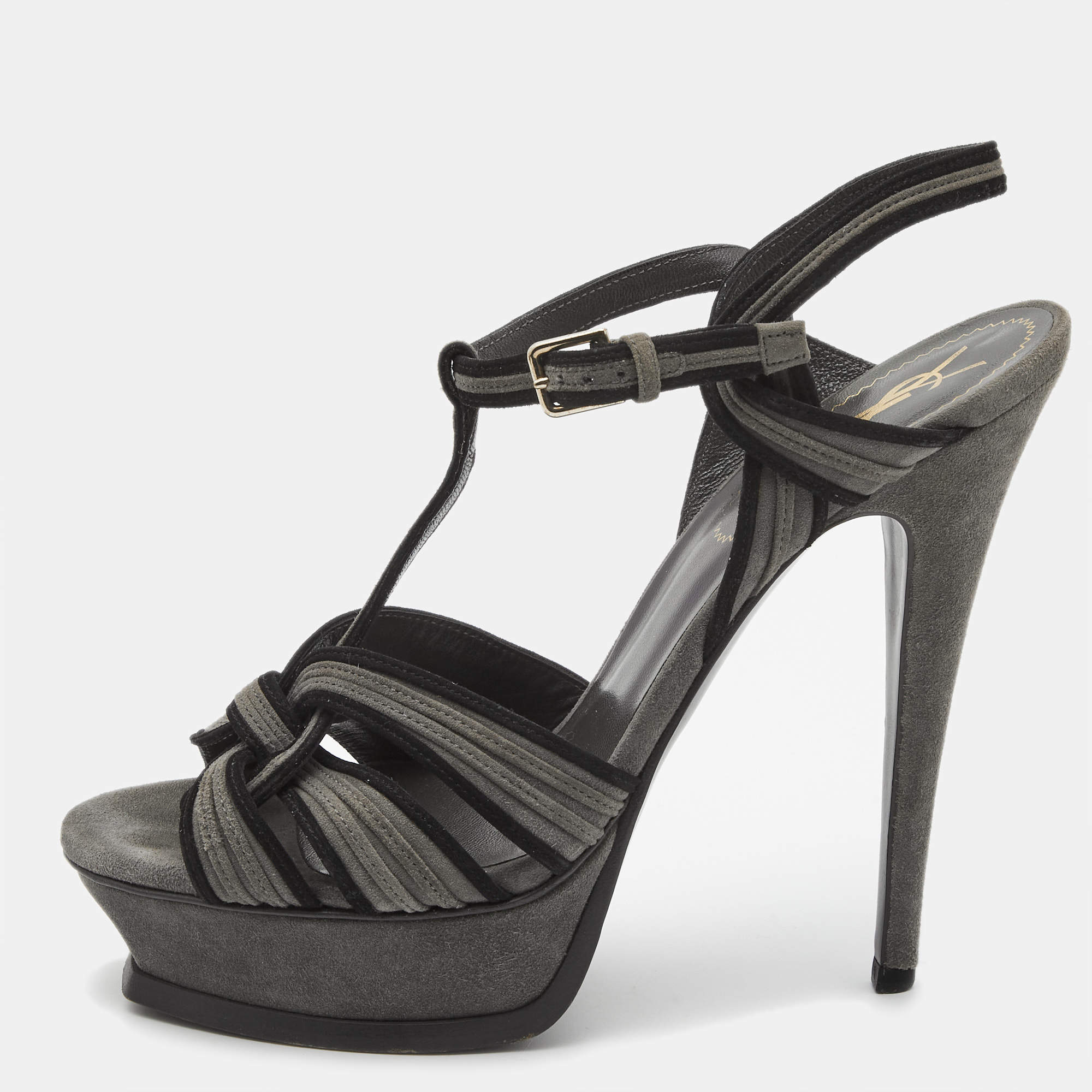 مملوكة مسبقًا Saint Laurent Grey/Black Suede Tribute Sandals Size 39