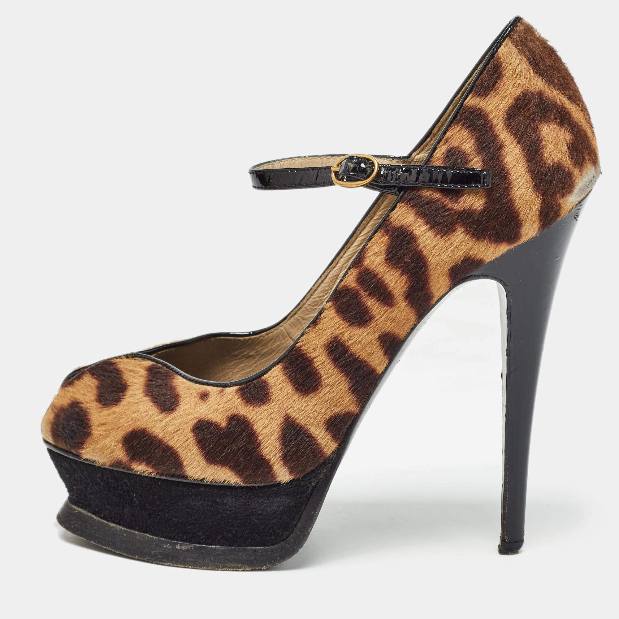Pre Owned Saint Laurent Black/Brown Calf Hair Animal Print Pumps Size 36