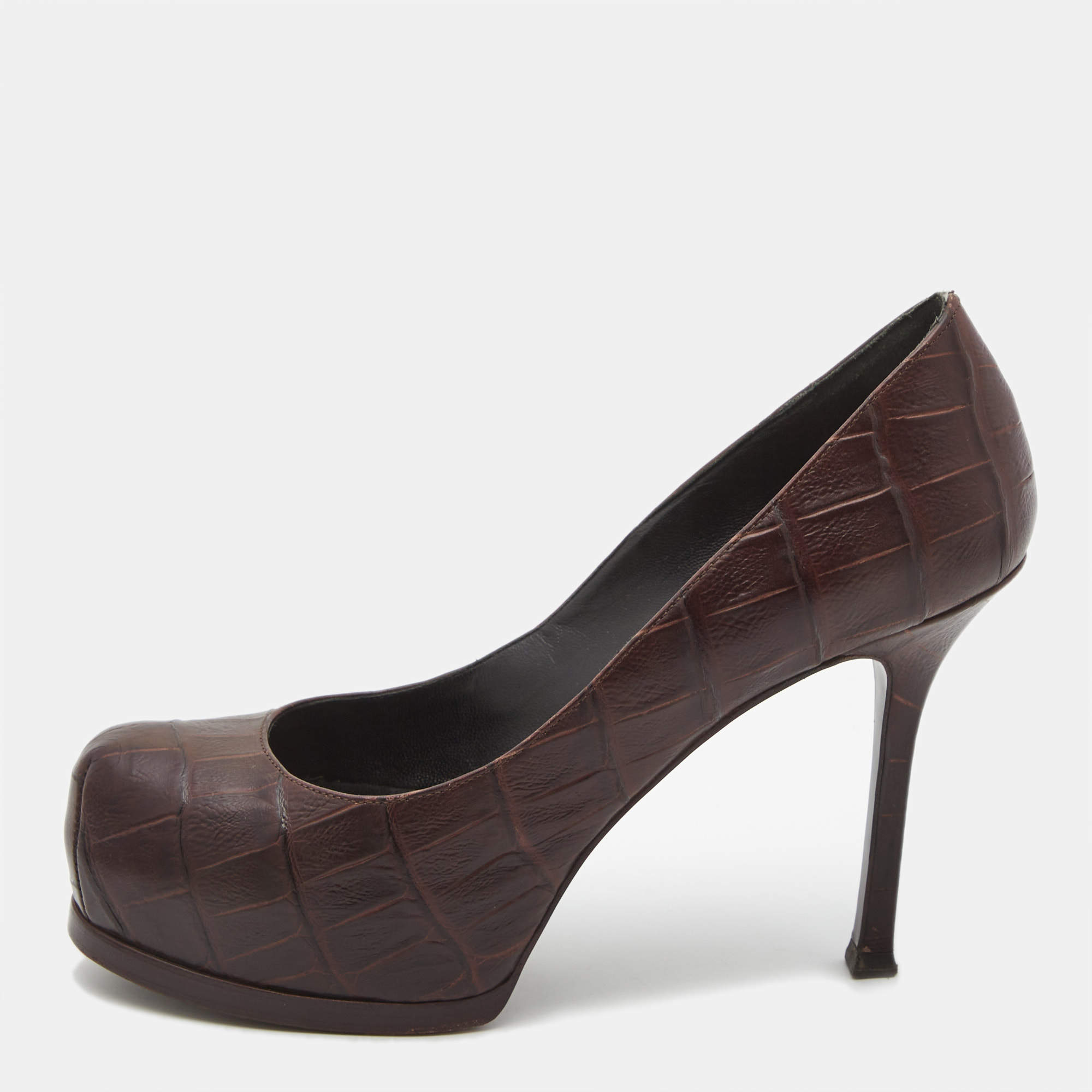 Saint Laurent Paris Brown Croc Embossed Leather Tribtoo Platform Pumps Size 37