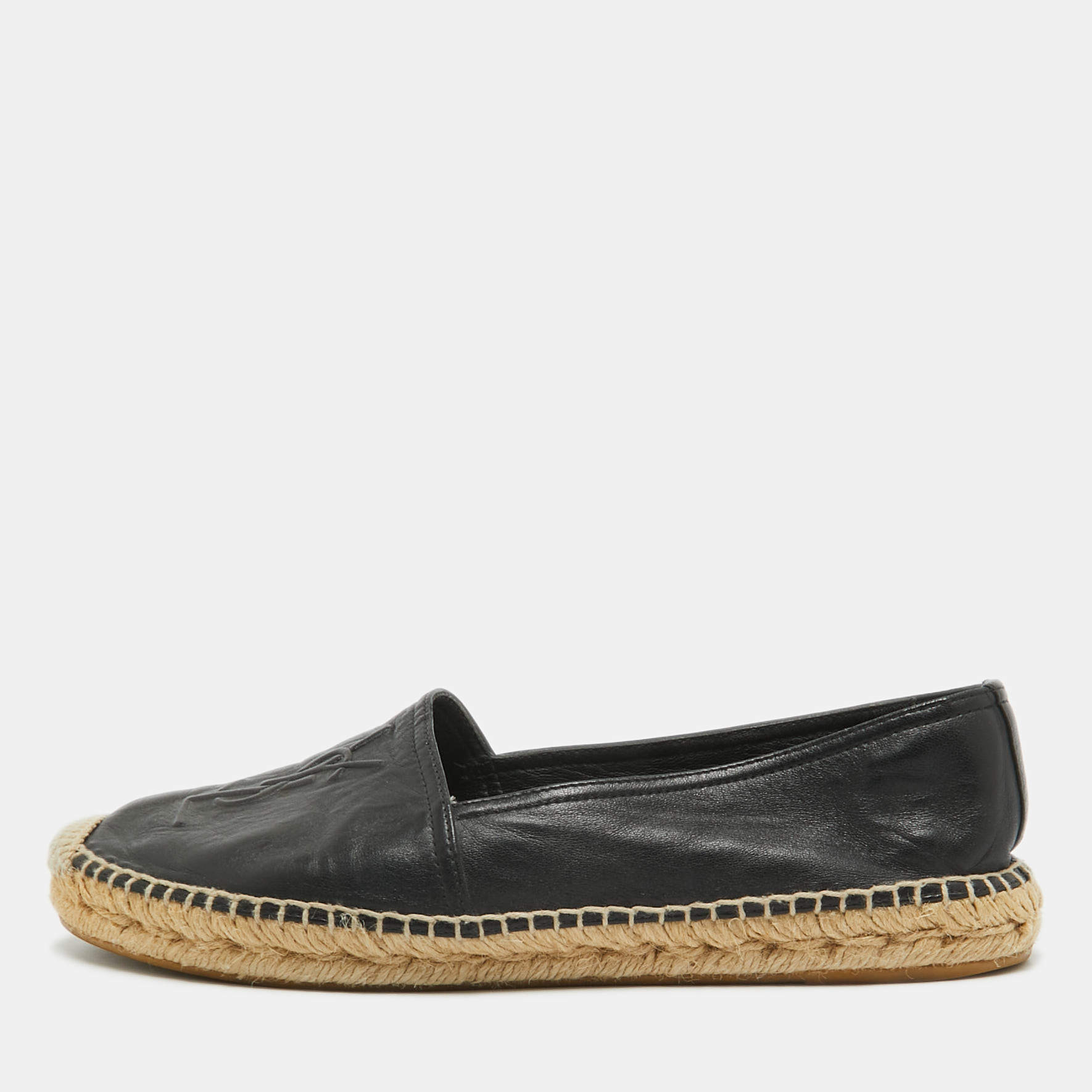 Pre Owned Saint Laurent Paris Black Leather Espadrilles Flats Size 40