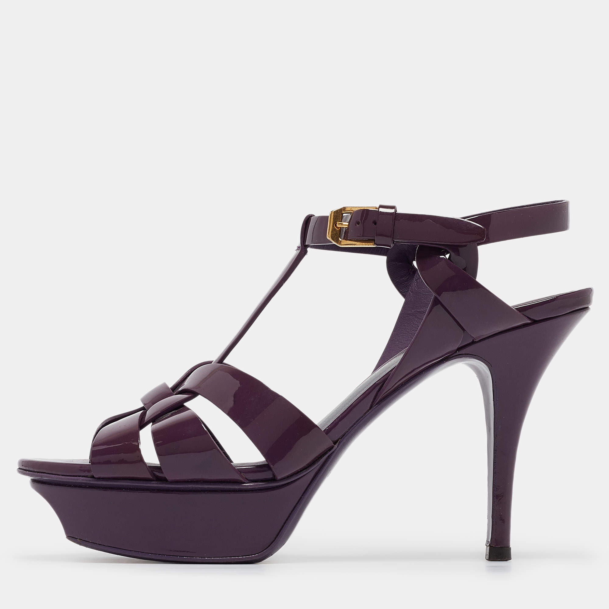 Pre Owned Saint Laurent Purple Patent Leather Tribute Sandals Size 36.5