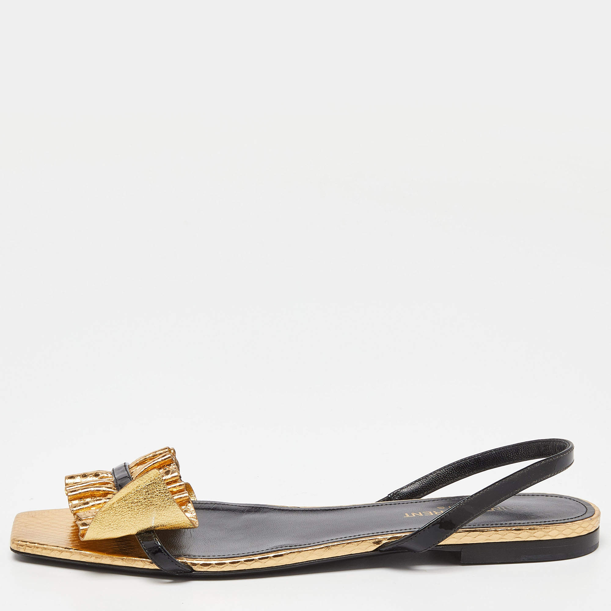 Saint Laurent Gold/Black Python Embossed Leather Edie Slingback Flat Sandals Size 39