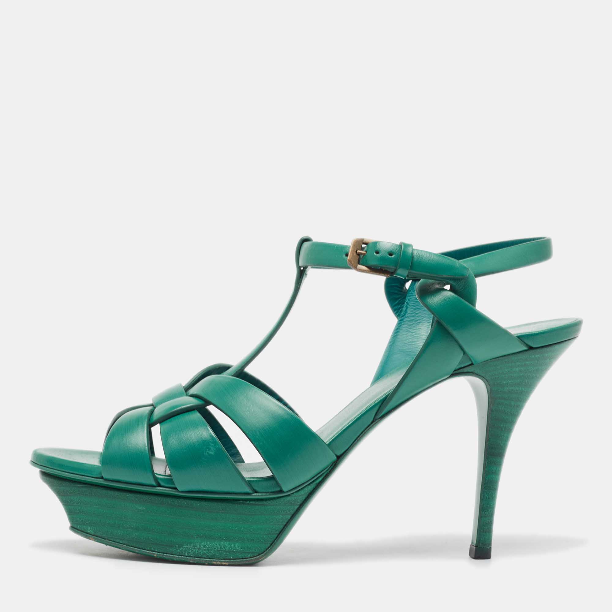 Saint Laurent Green Leather Tribute Sandals Size 39.5