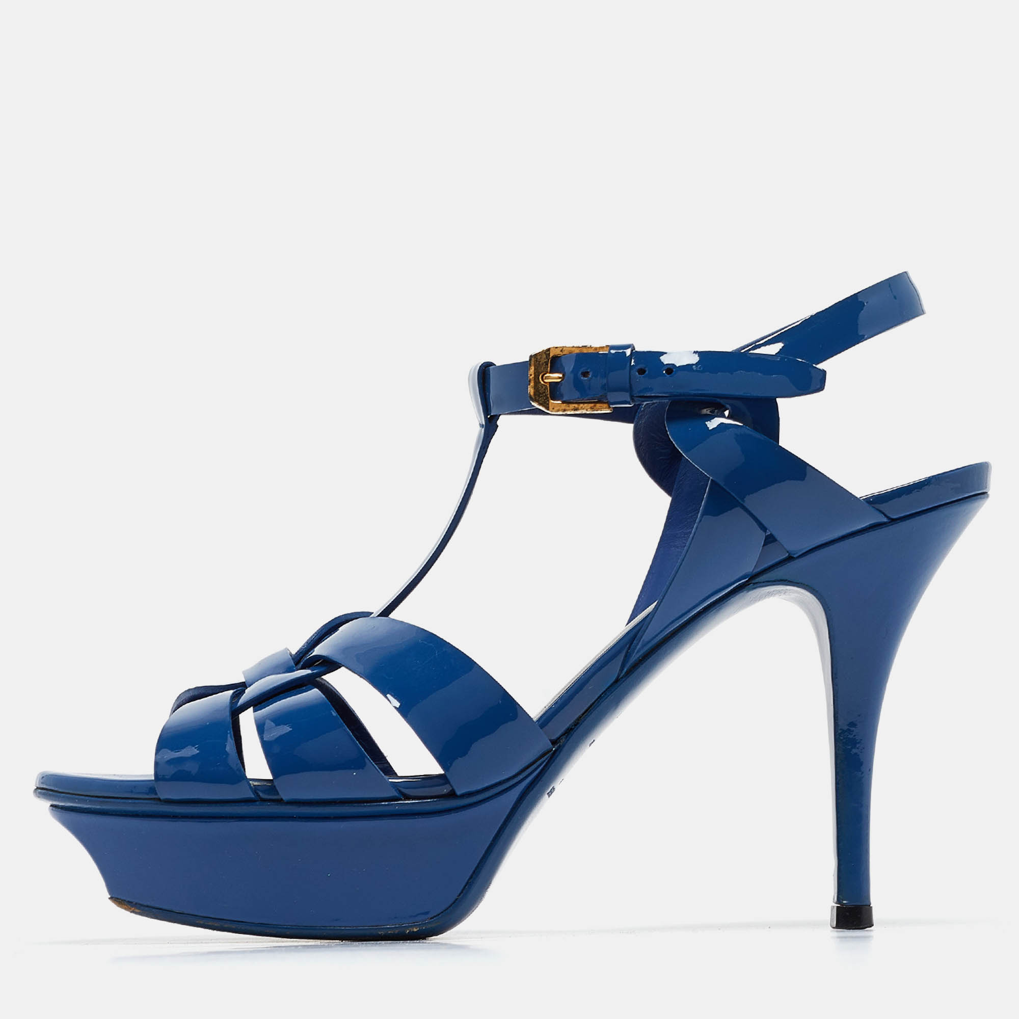 مملوكة مسبقًا Saint Laurent Paris Navy Blue Patent Leather Tribute Platform Ankle Strap Sandals Size 37