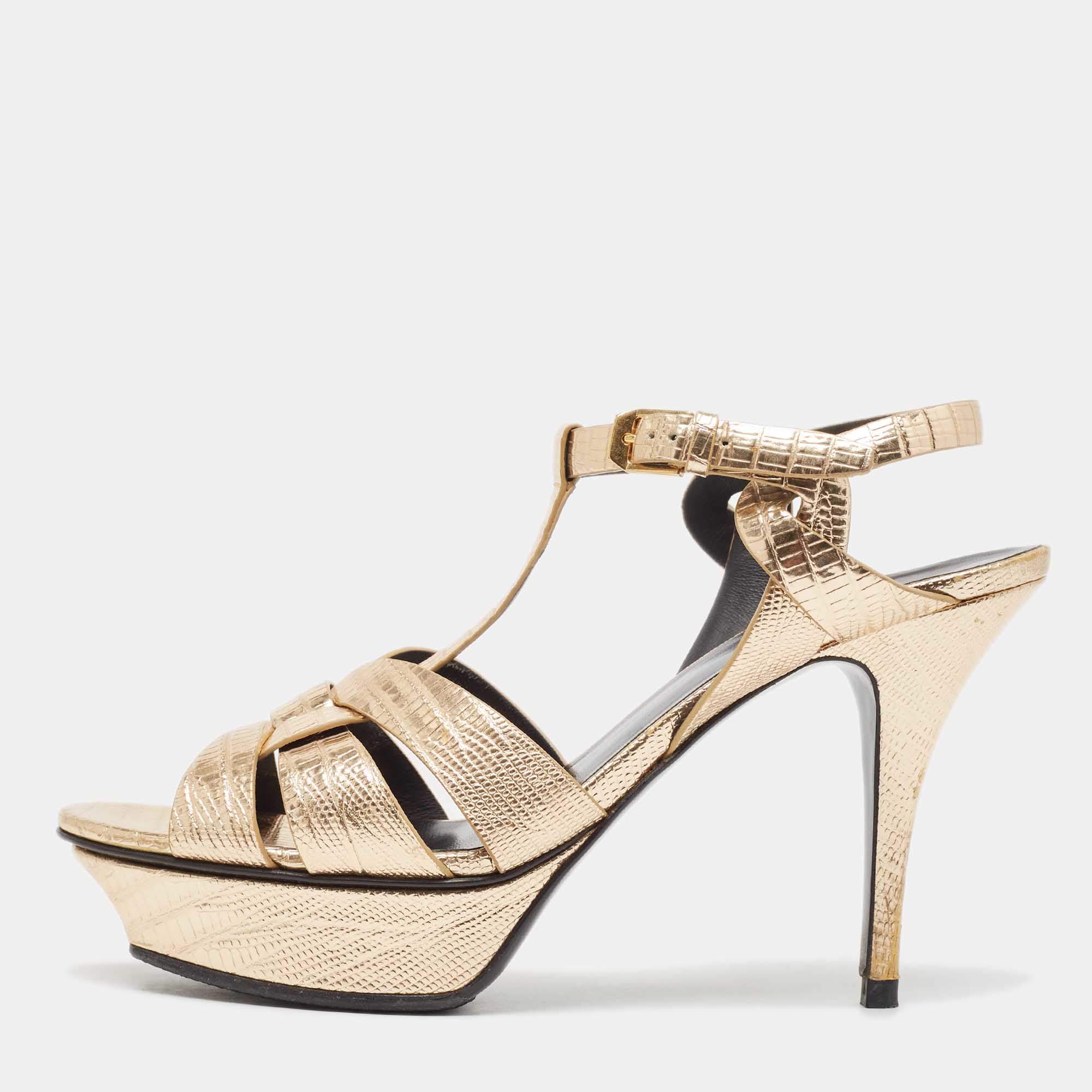 Pre Owned Saint Laurent Paris Gold Lizard Embossed Leather Tribute Platform Ankle Strap Sandals Size 39