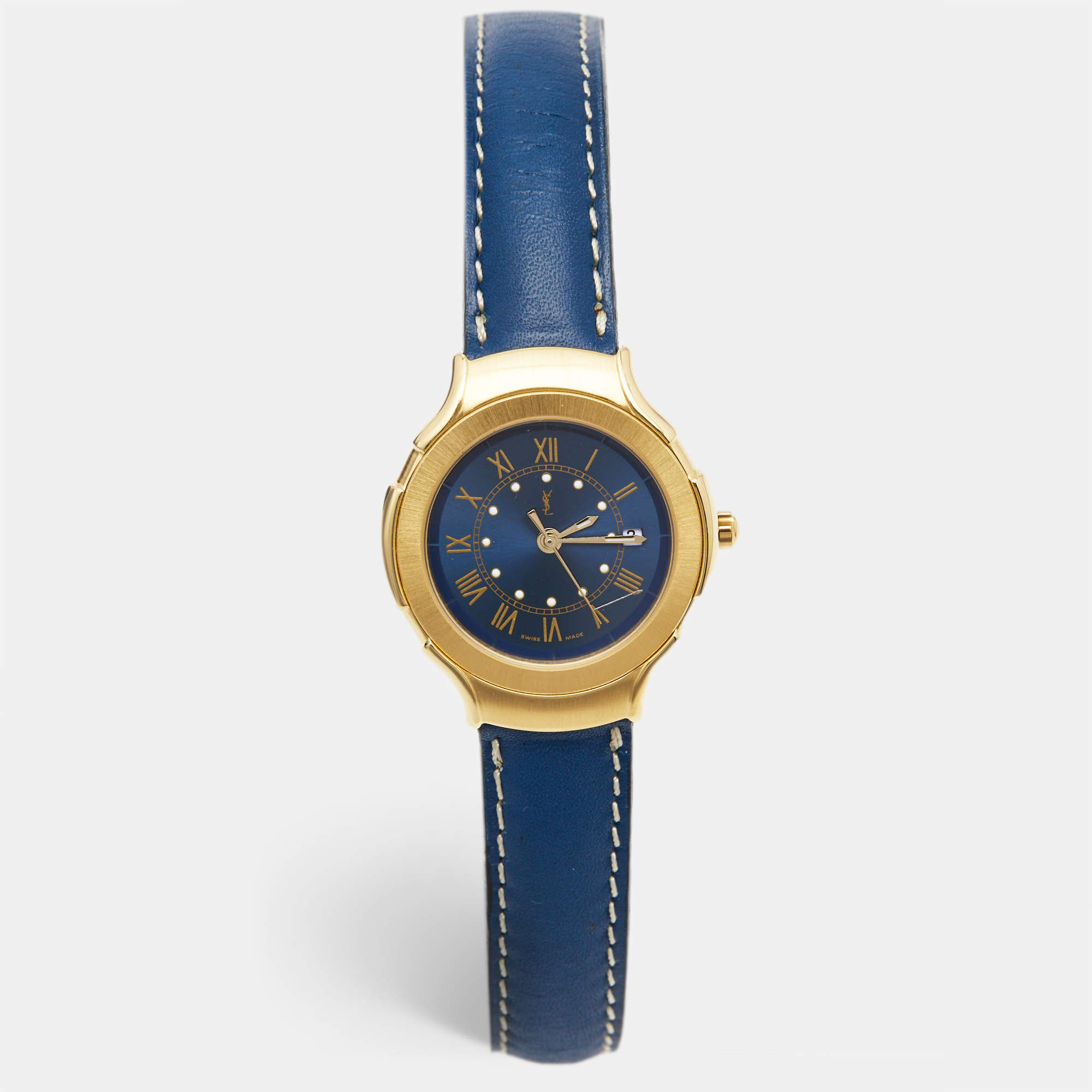 Pre Owned Yves Saint Laurent Blue Gold Plated Stainless Steel Leather Classic Women's Wristwatch 28 mm