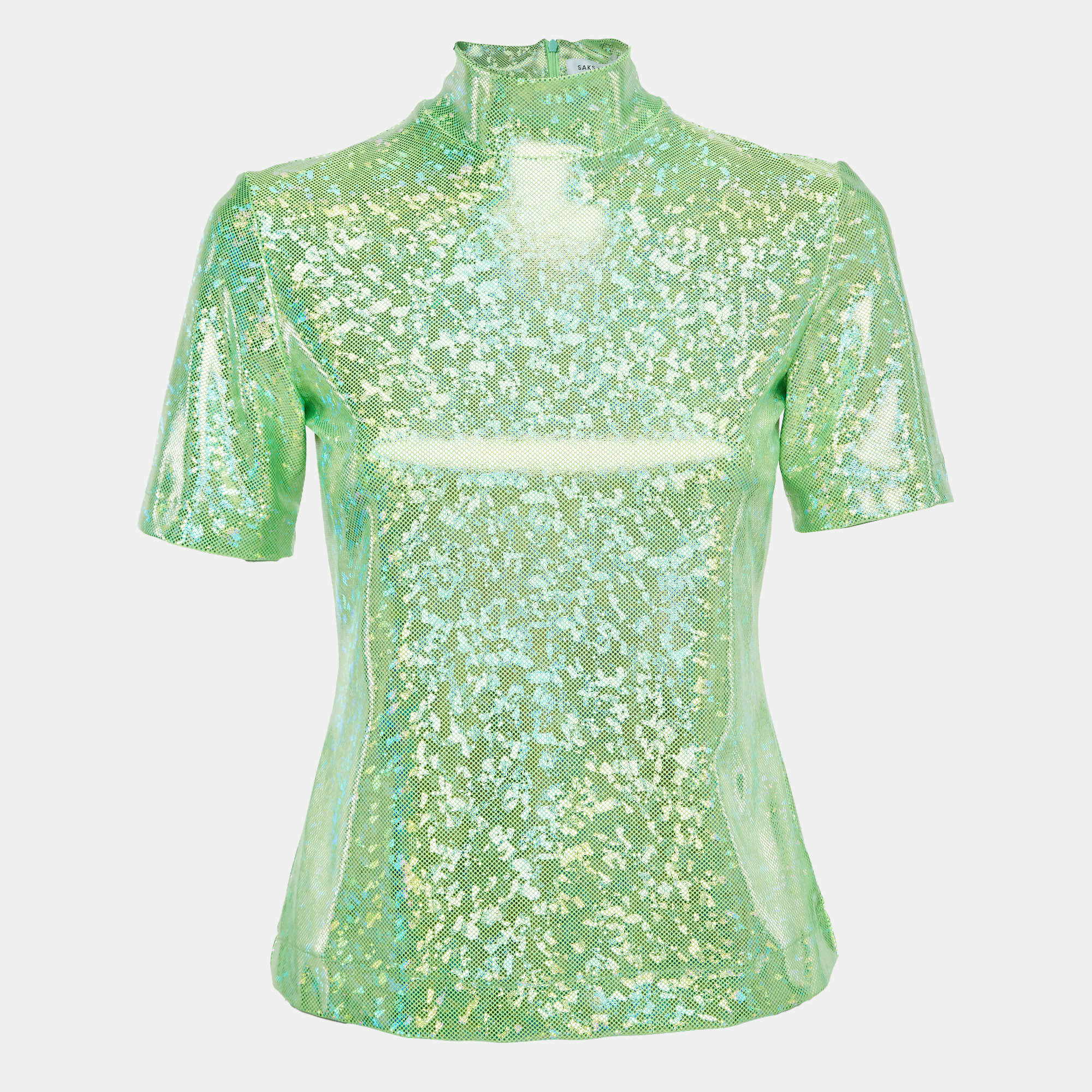 Saks Potts Poison Green Foil Print Jersey Cut-Out Top S