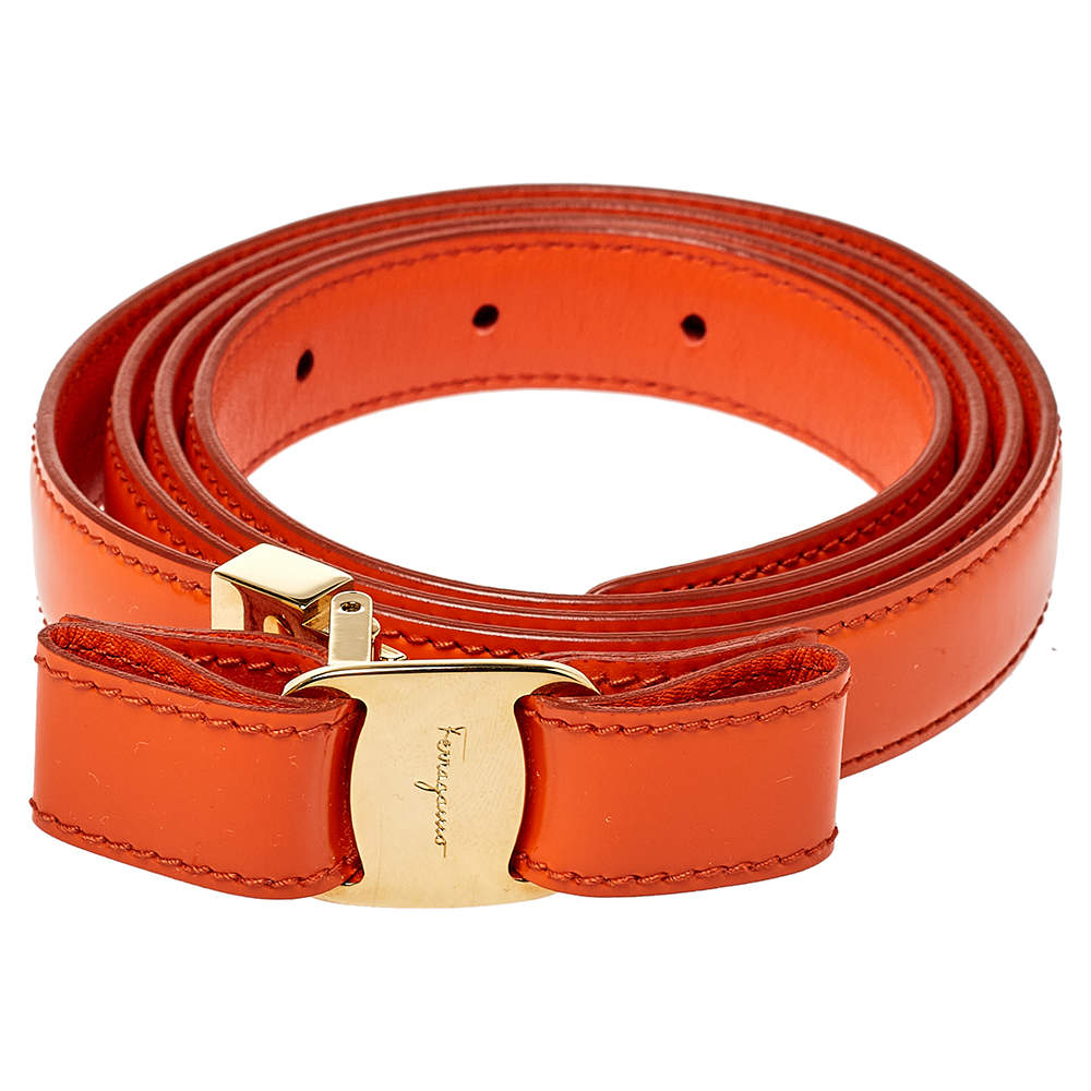 Salvatore Ferragamo Orange Patent Leather Vara Bow Slim Belt 100 CM