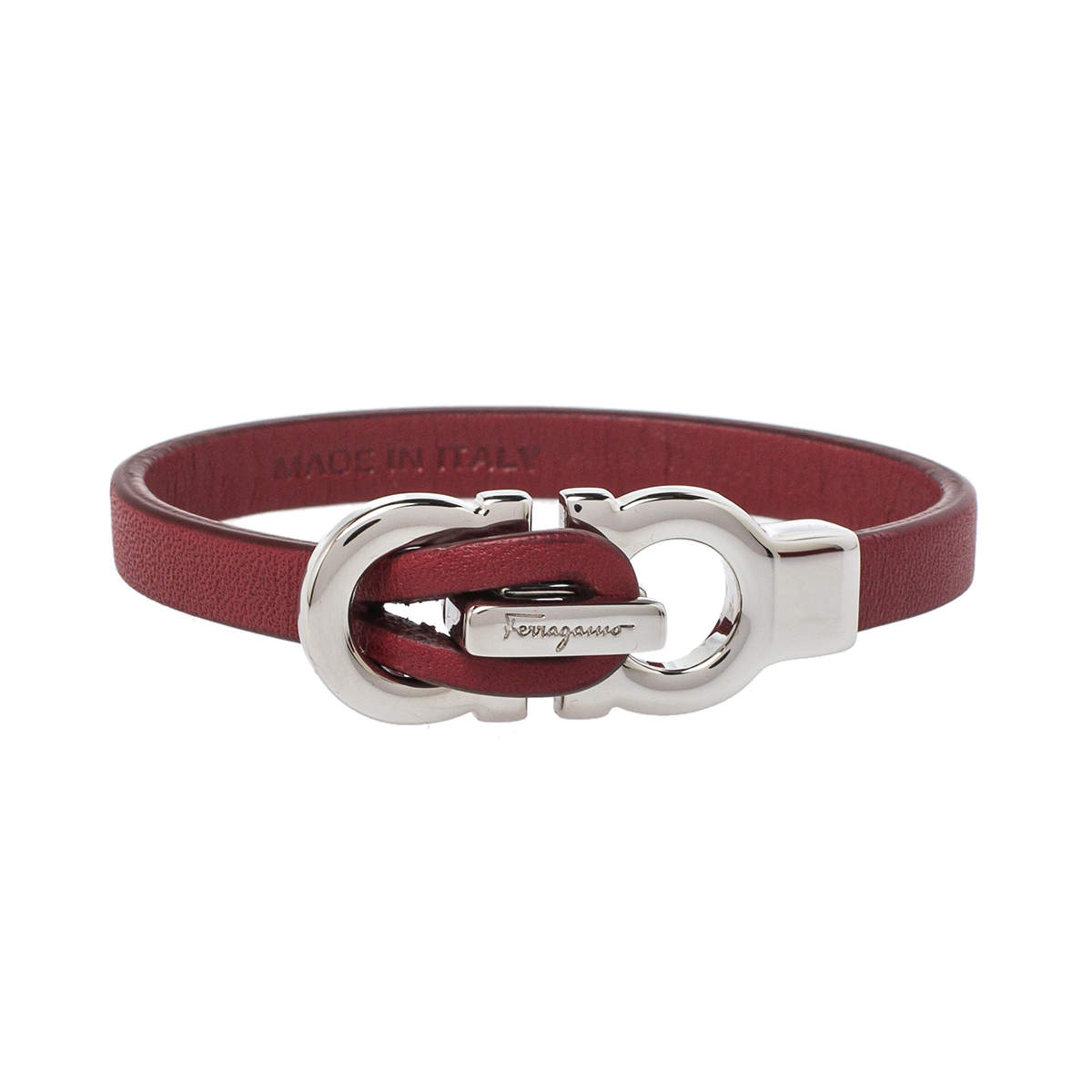 Pre Owned Salvatore Ferragamo Dark Red Leather Gancini Bracelet