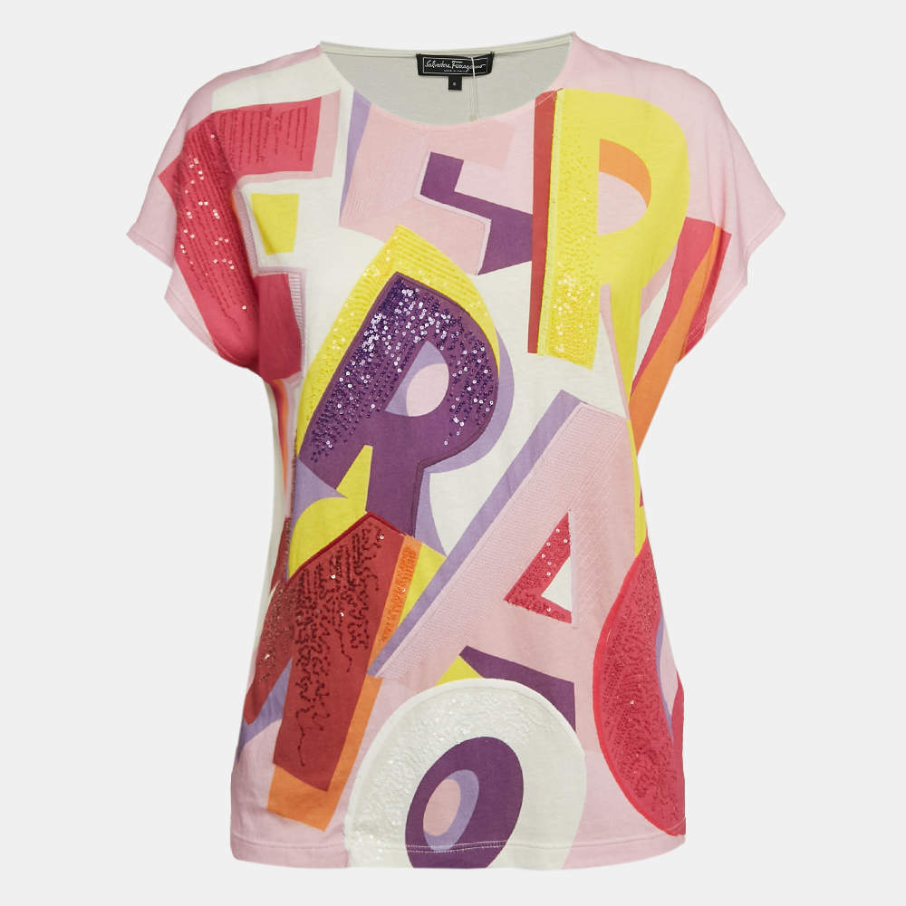 Salvatore Ferragamo Pink Printed Jersey Sequin Detail T-Shirt S
