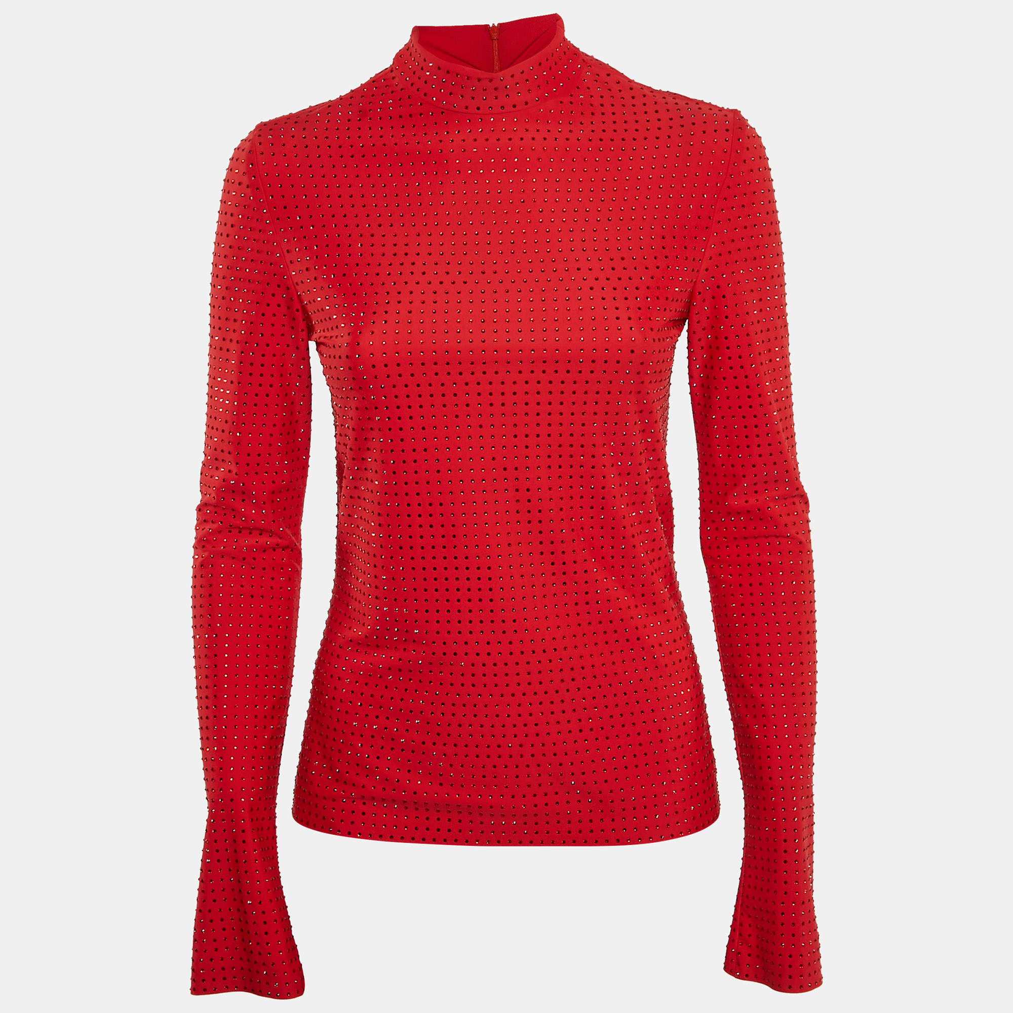 Salvatore Ferragamo Red Studded Jersey Long Sleeve Top  M