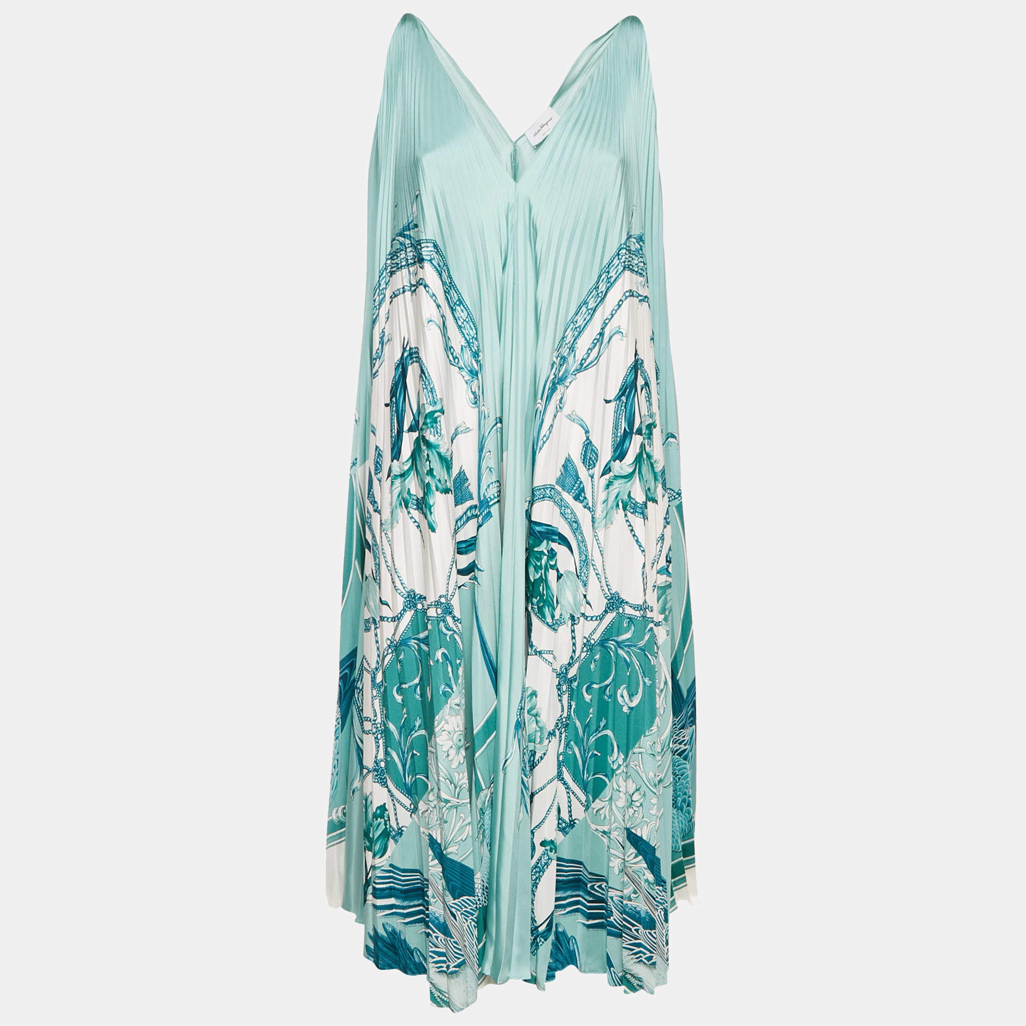 Salvatore Ferragamo Blue Floral Print Satin Plisse Midi Dress M