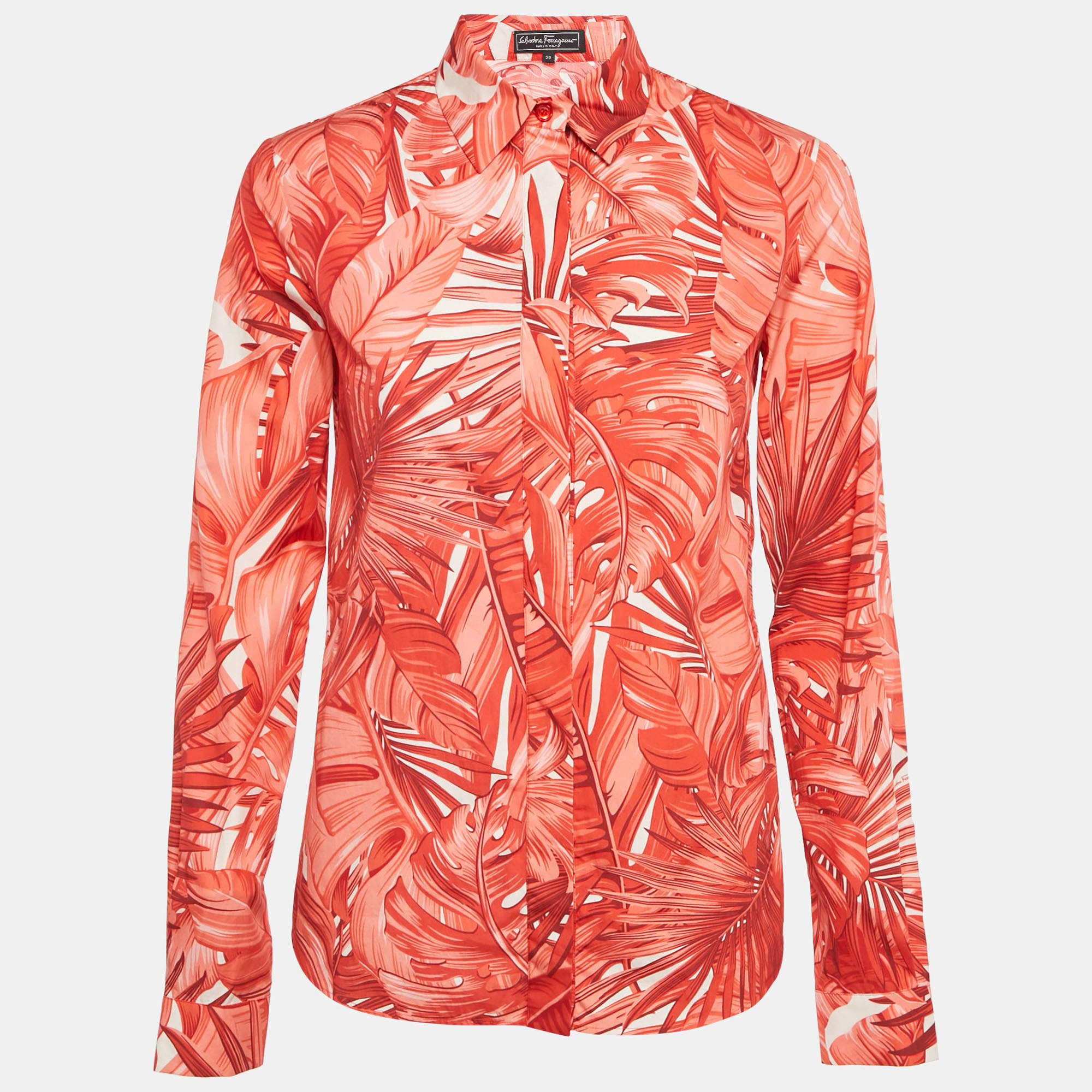 Pre Owned Salvatore Ferragamo Red Tropical Print Cotton Shirt S
