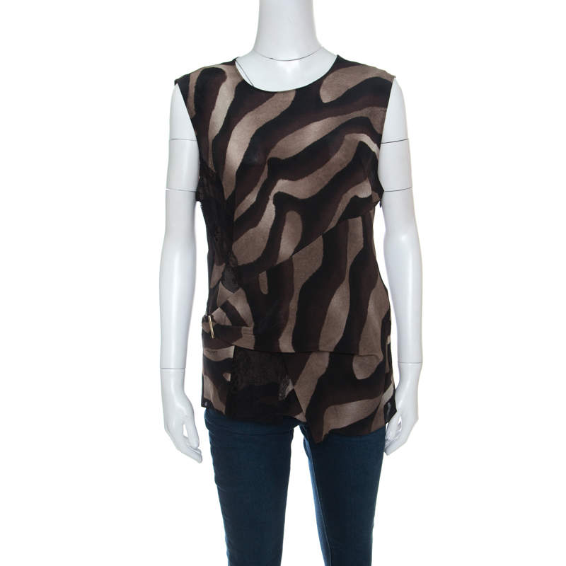 Pre Owned Salvatore Ferragamo Brown Animal Print Lace Insert Silk Top L