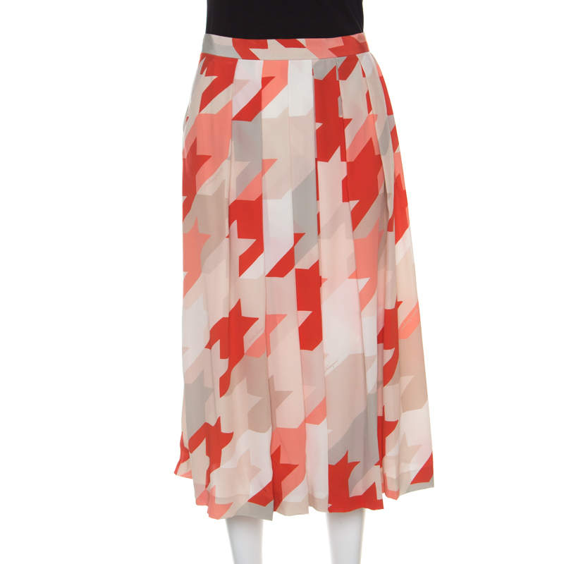 Salvatore Ferragamo Multicolor Houndstooth Pattern Pleated Silk Skirt L