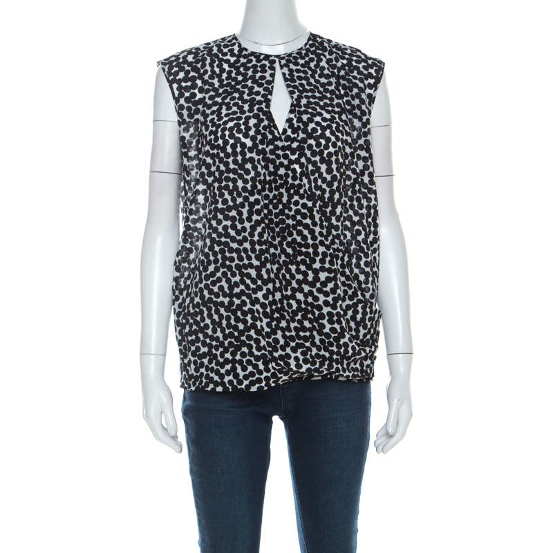 Pre Owned Salvatore Ferragamo Monochrome Polka Dot Silk Sleeveless Draped Top S