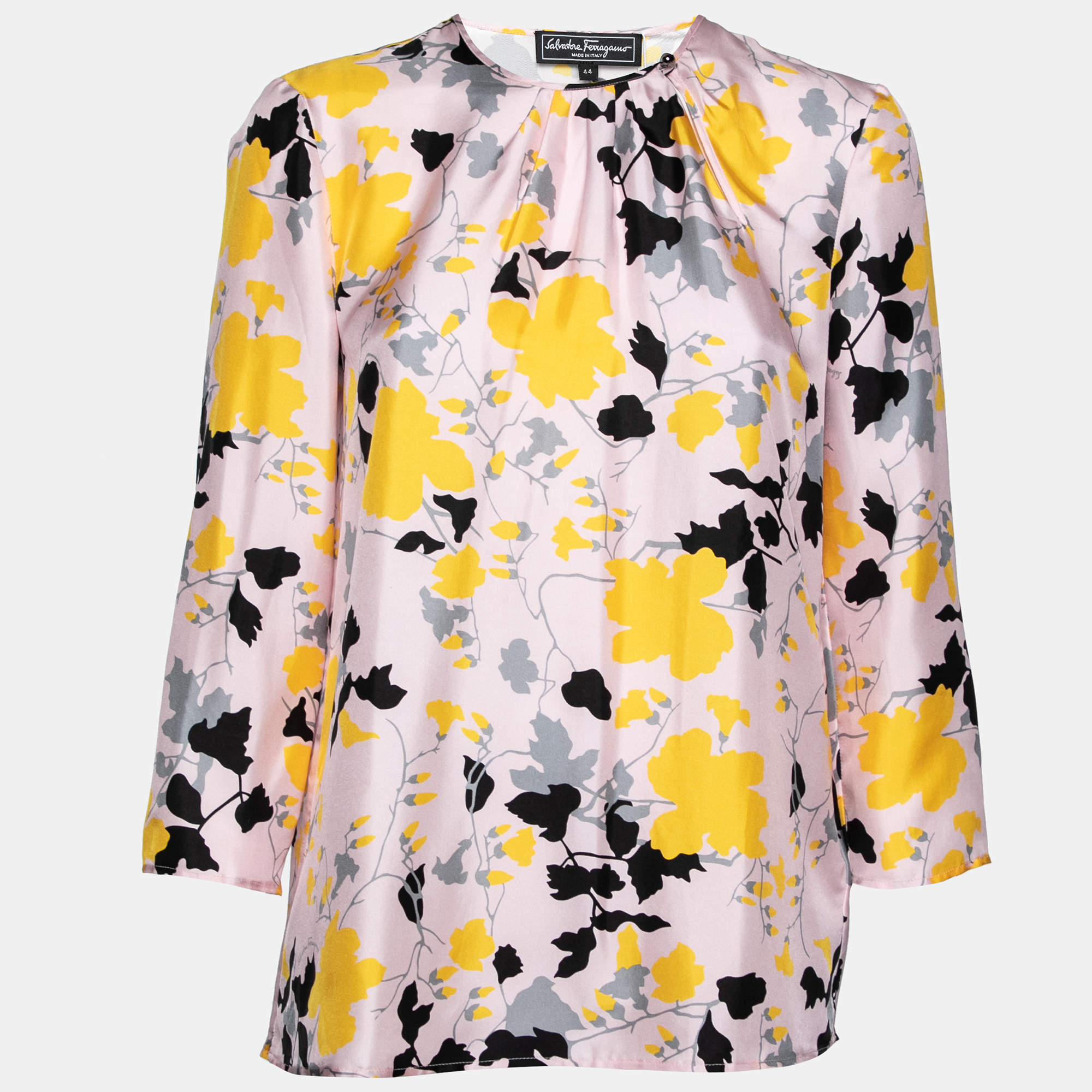Pre Owned Salvatore Ferragamo Pink and Yellow Printed Silk Long Sleeve Blouse M