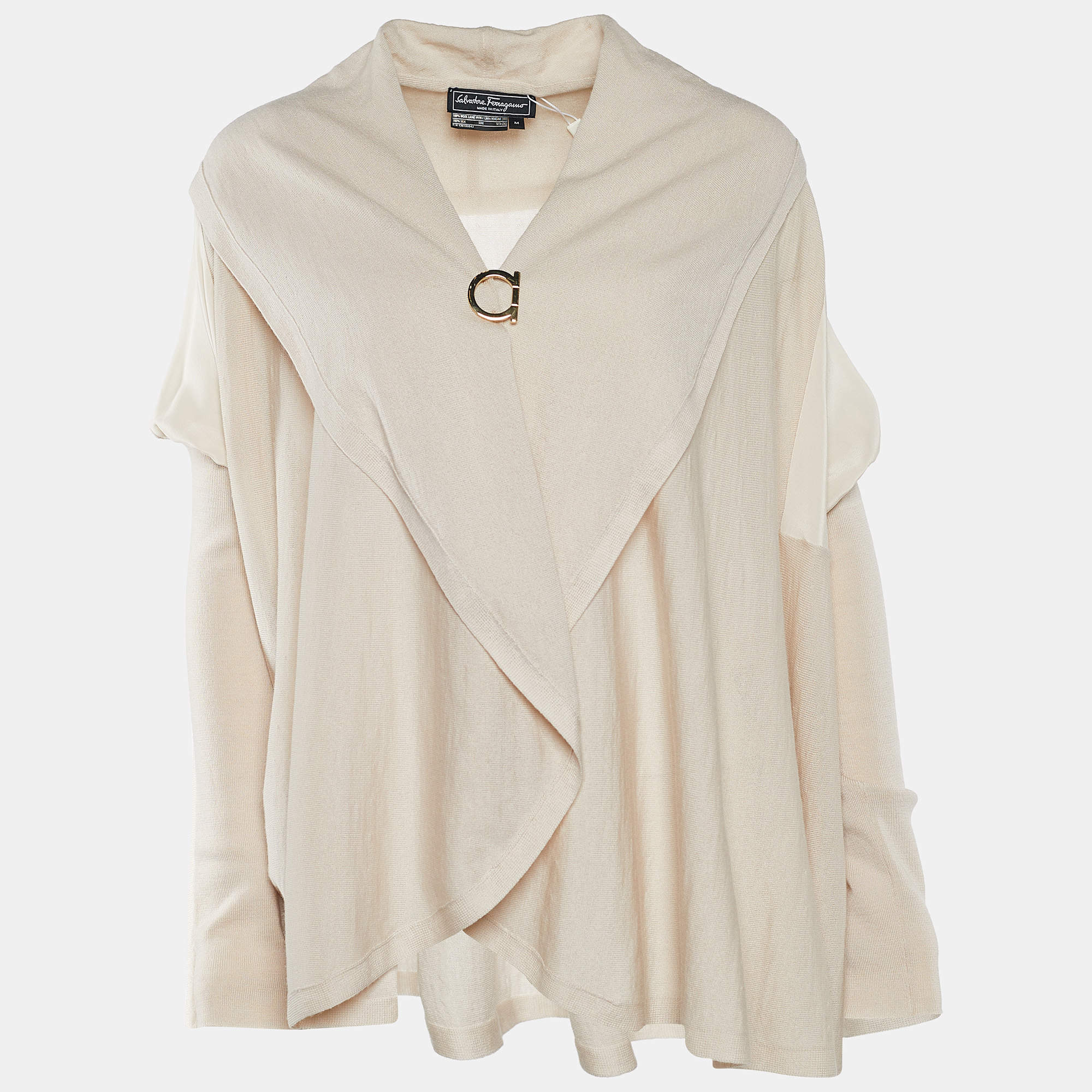 Pre Owned Salvatore Ferragamo Cream Wool & Silk Knit Brooch Detail Draped Cardigan M