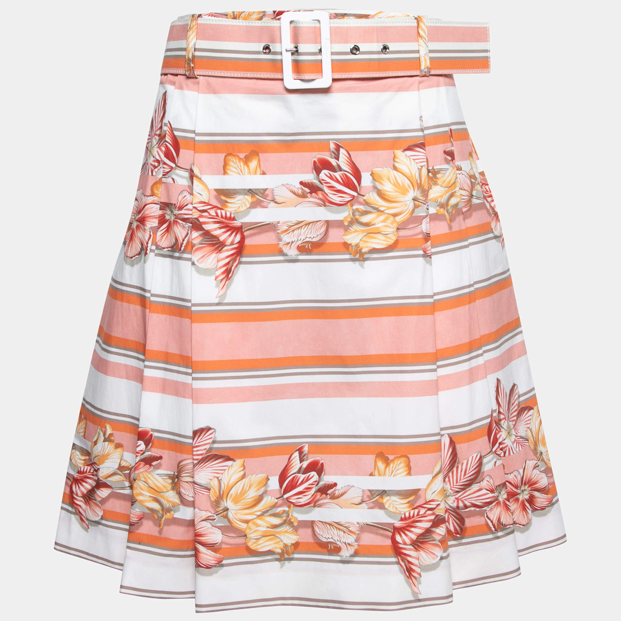 Pre Owned Salvatore Ferragamo Pink Floral Striped Printed Cotton Belted Pleated Skirt S