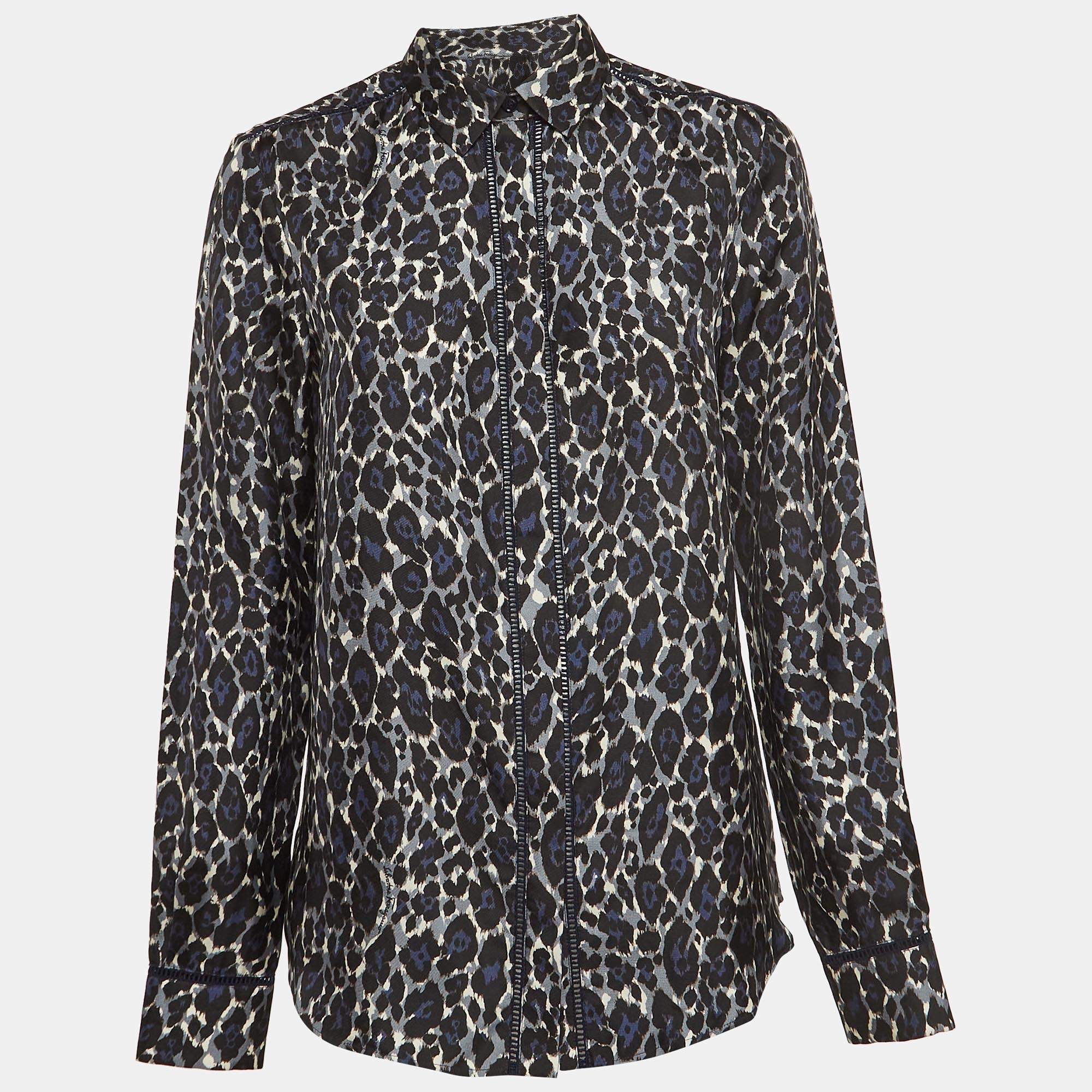 Pre Owned Salvatore Ferragamo Blue Leopard Print Lace Insert Silk Long Sleeve Shirt S